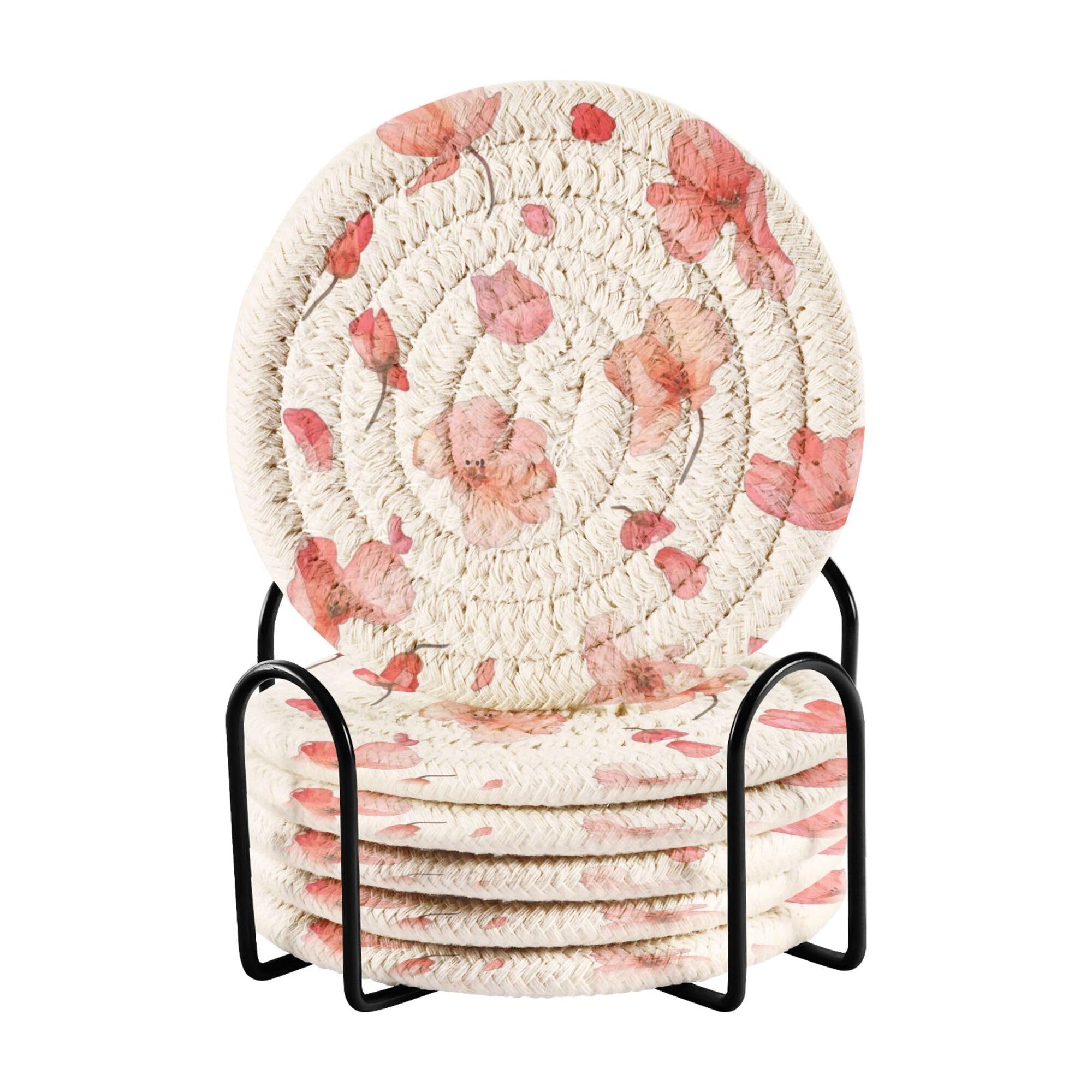 Cartoon Begonia White Cotton Rope Drink Coasters Absorbent and Holder Set of 6 Aesthetic Coasters
