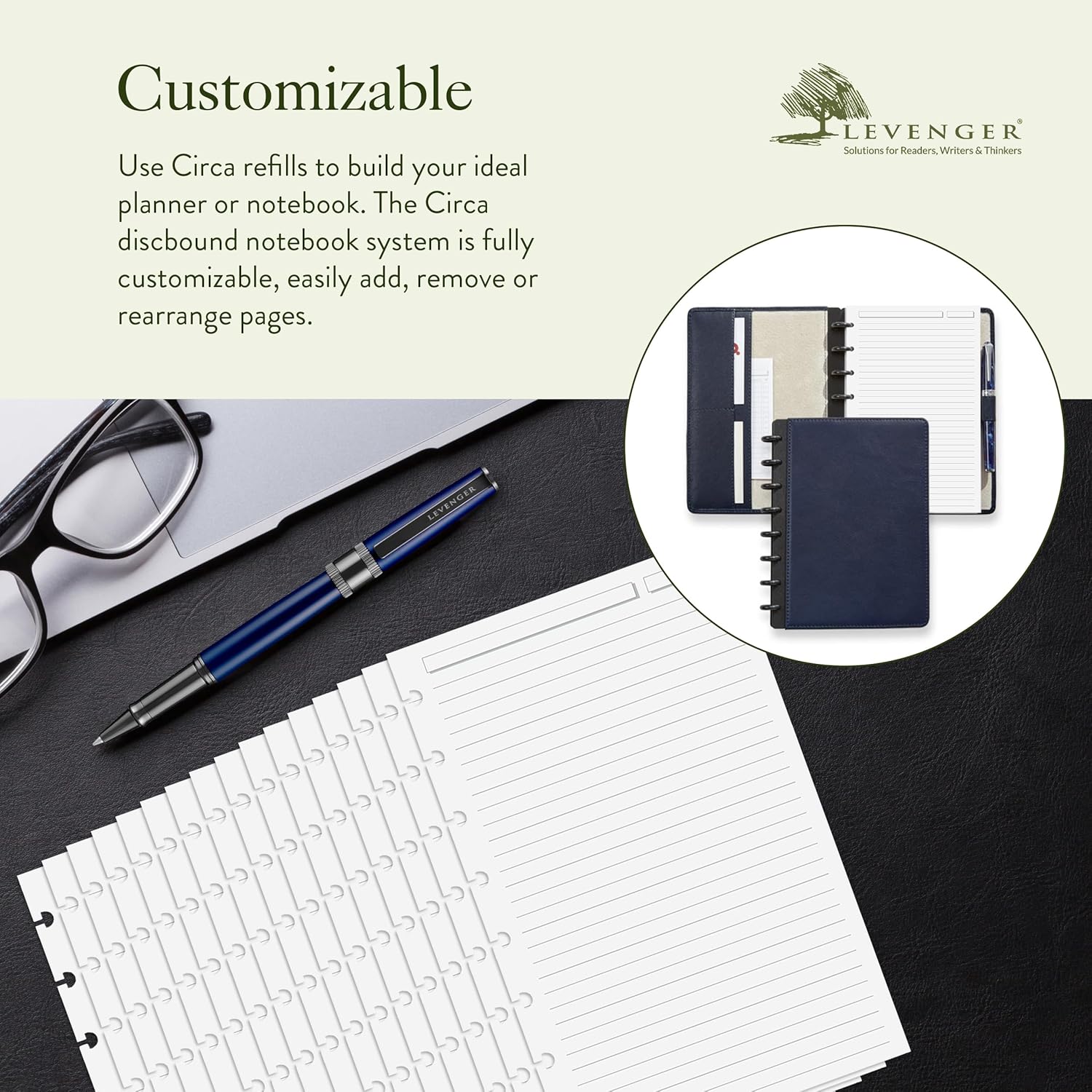 Levenger Circa Full-Page 1/4 Inch Ruled Discbound Paper Refill, Disc Notebook and Planner Inserts, 300 sheets, Junior