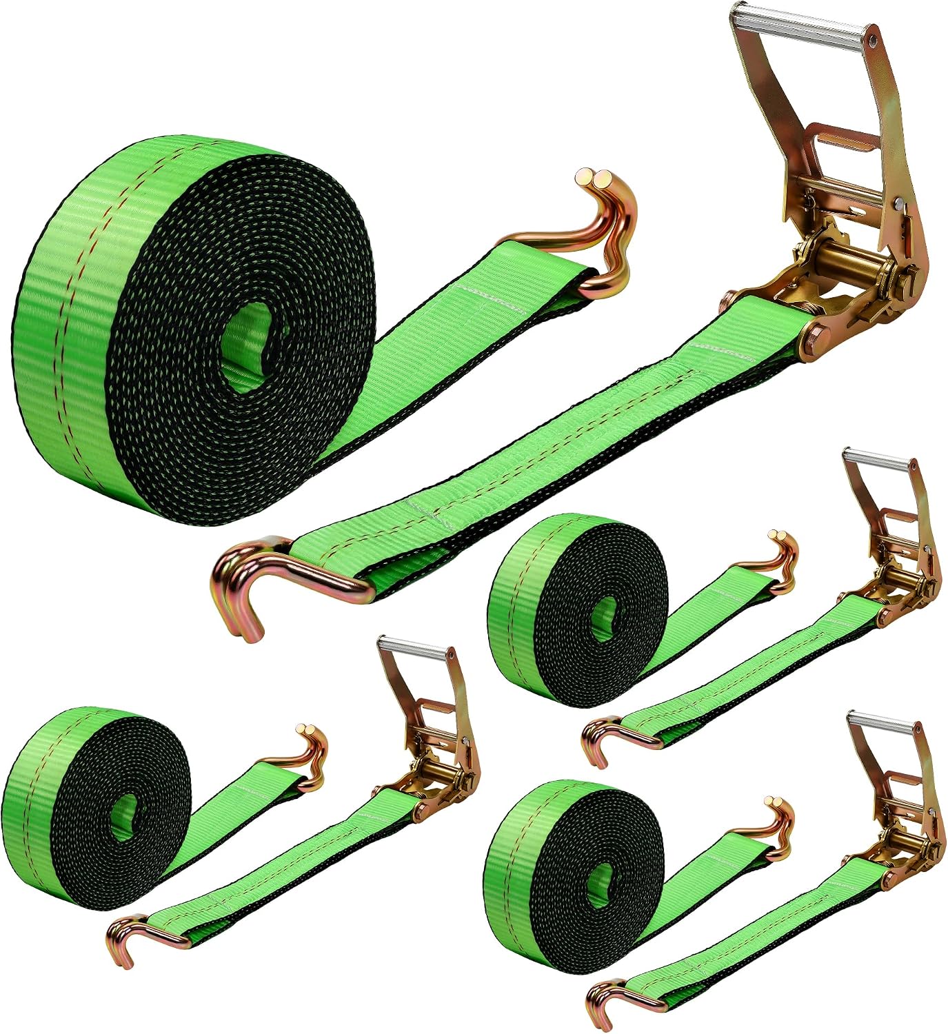 2"x20' ratchet straps with j hooks - 10,000lb break strength/ 3,333lb load capacity ratchet tie down strap - ratchet straps heavy duty - cargo straps for truck, lawn equipment, car roof, 4 pack(green) bright green