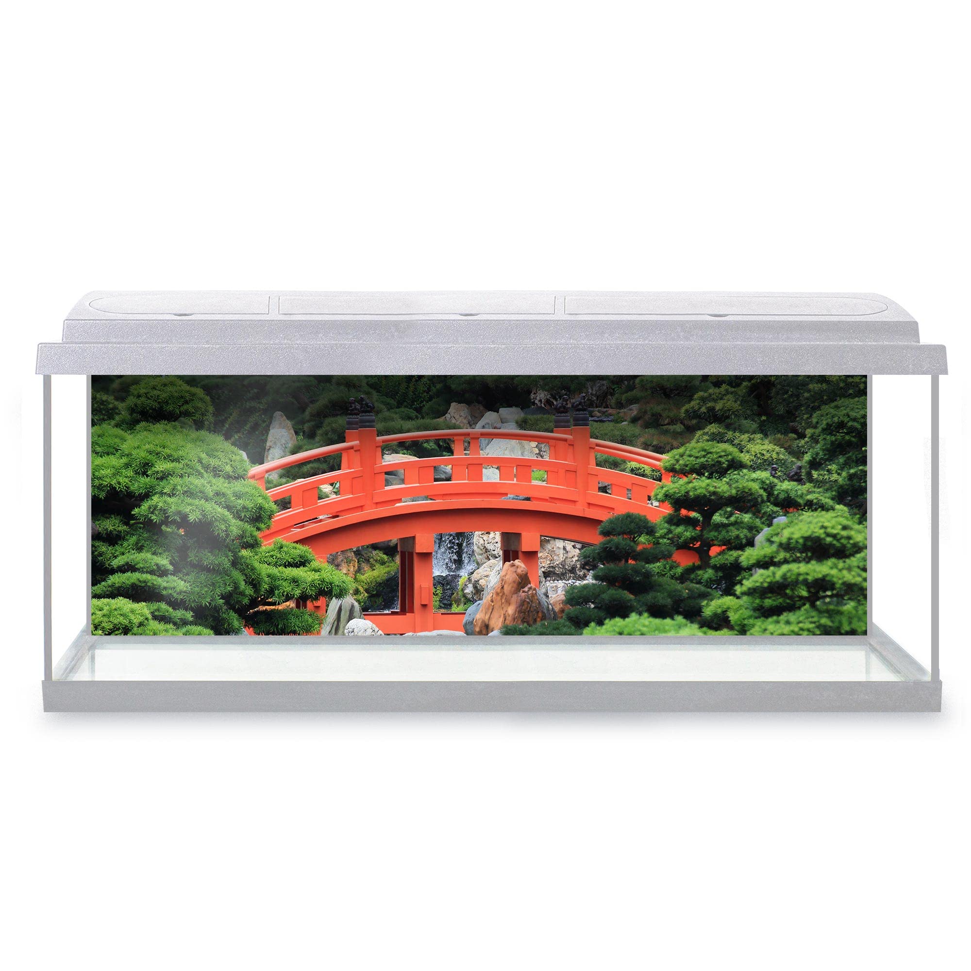 DV DESIGN Aquarium Fish Tank Background 123x42 cm - Bonsai Tree Decoration Japanese Red Bridge Nan Lian Garden Hong Kong World Land Static Cling Vinyl Vivarium Terrarium External Application #500193