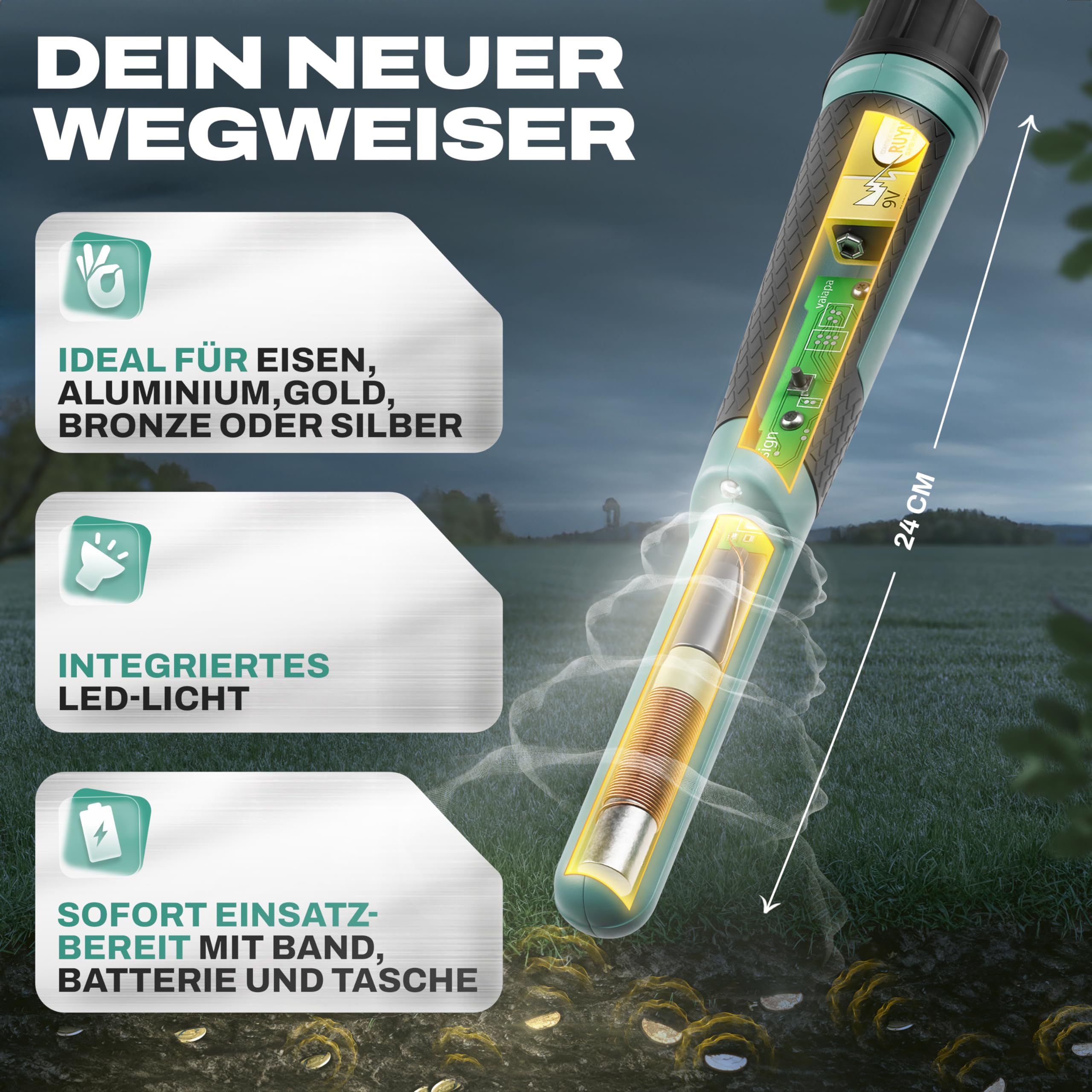 Der wasserdichte Pinpointer von FAIRMO - Metalldetektor Set Zum Suchen von Gold - Metallsucher inkl. LED Licht Unterwasser (wasserdicht) - Metallsuchgerät für Erwachsene und Kinder
