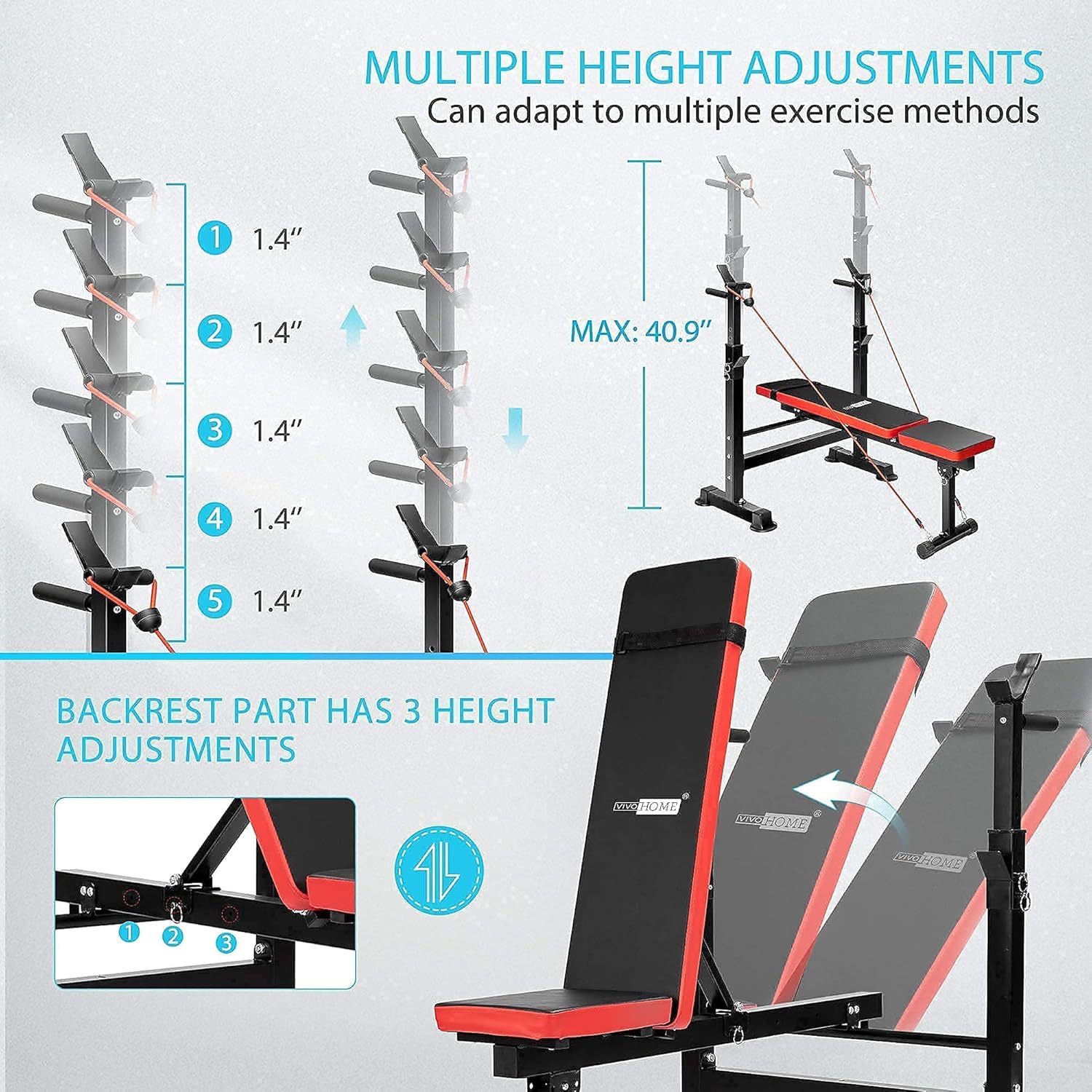 VIVOHOME Multifunctional Weight Bench with Barbell Rack with Power Tower Adjustable Height Workout Dip Station White