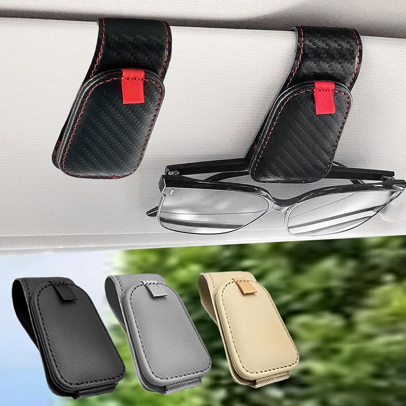 Suporte para Óculos de Sol de Carro com Presilha Magnética para Para-Sol em Couro Sintético, Preto/Vermelho, Kit com 2