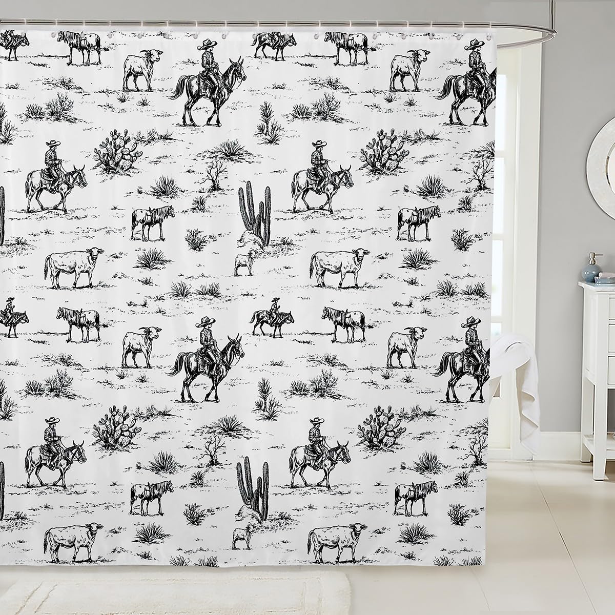Castle Fairy Vintage Southwest Rustic Style Bathroom Curtains for Kids Teens Adults,Desert Cactus Cow Horse Shower Curtains,Western Cowboy Bath
