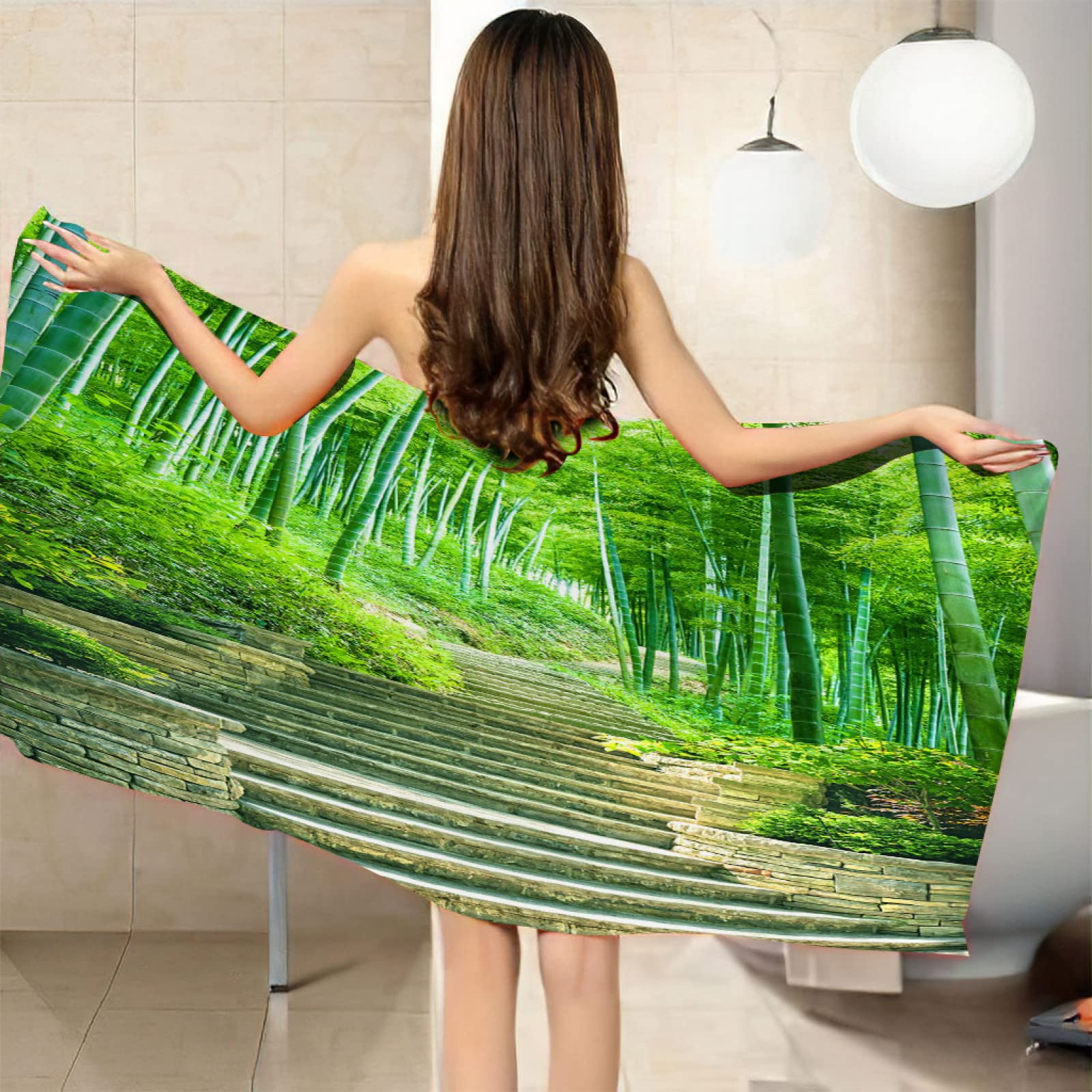 GOKSEL Strandtuch Grün&Bambus Wald Mikrofaser Strandtuch für Erwachsene, Doppelseitiges Sandfreies Schnelltrocknend Leichtes Handtuch für Strand Schwimmen 100 x 200 cm
