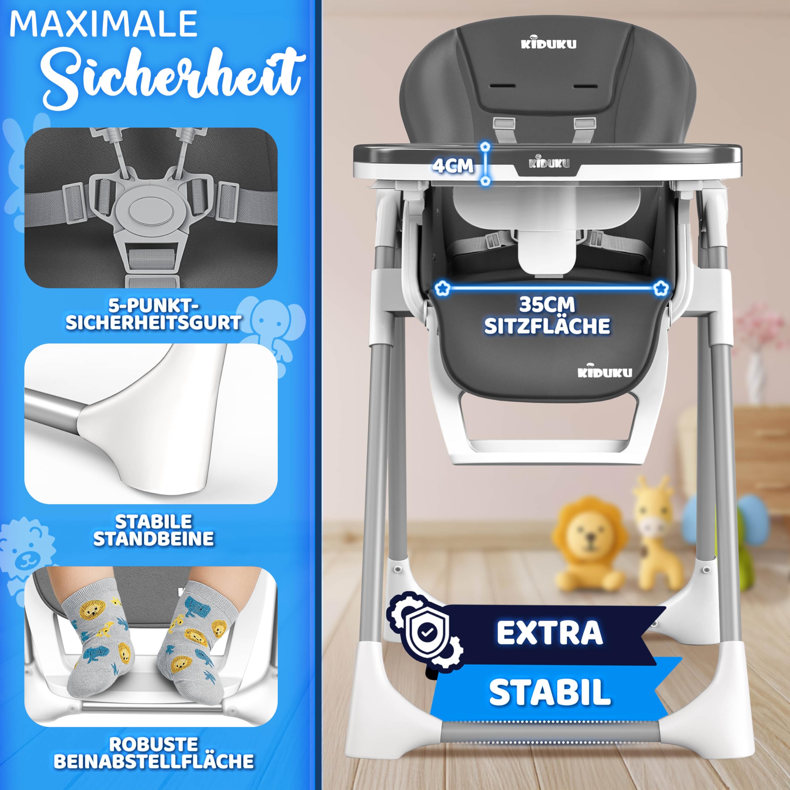 KIDUKU® Hochstuhl Baby 3in1 mit Neugeborenenaufsatz + Lätzchen, Aktivitätsbogen & Tisch | Kinderhochstuhl klappbar mit Liegefunktion | Kombihochstuhl höhenverstellbar | mitwachsend 0-36 Monate
