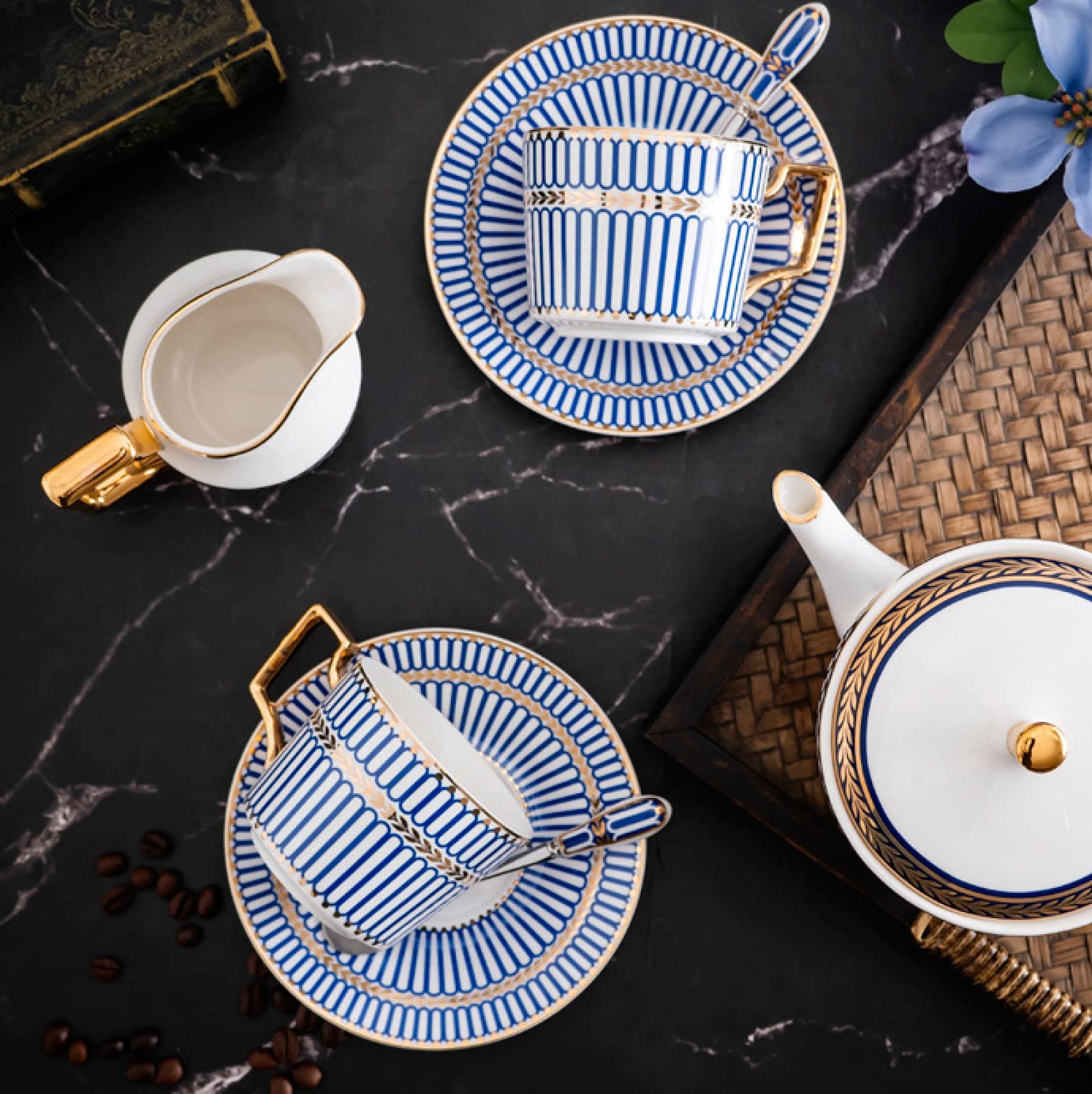 zestaw do herbaty, 15 szt. Porcelanowy zestaw do herbaty Zestawy filiżanek i spodków kawy Zestaw Serwis herbaciany Niebieskie paski Czajniczek, Cukiernica, Dzbanek śmietanki