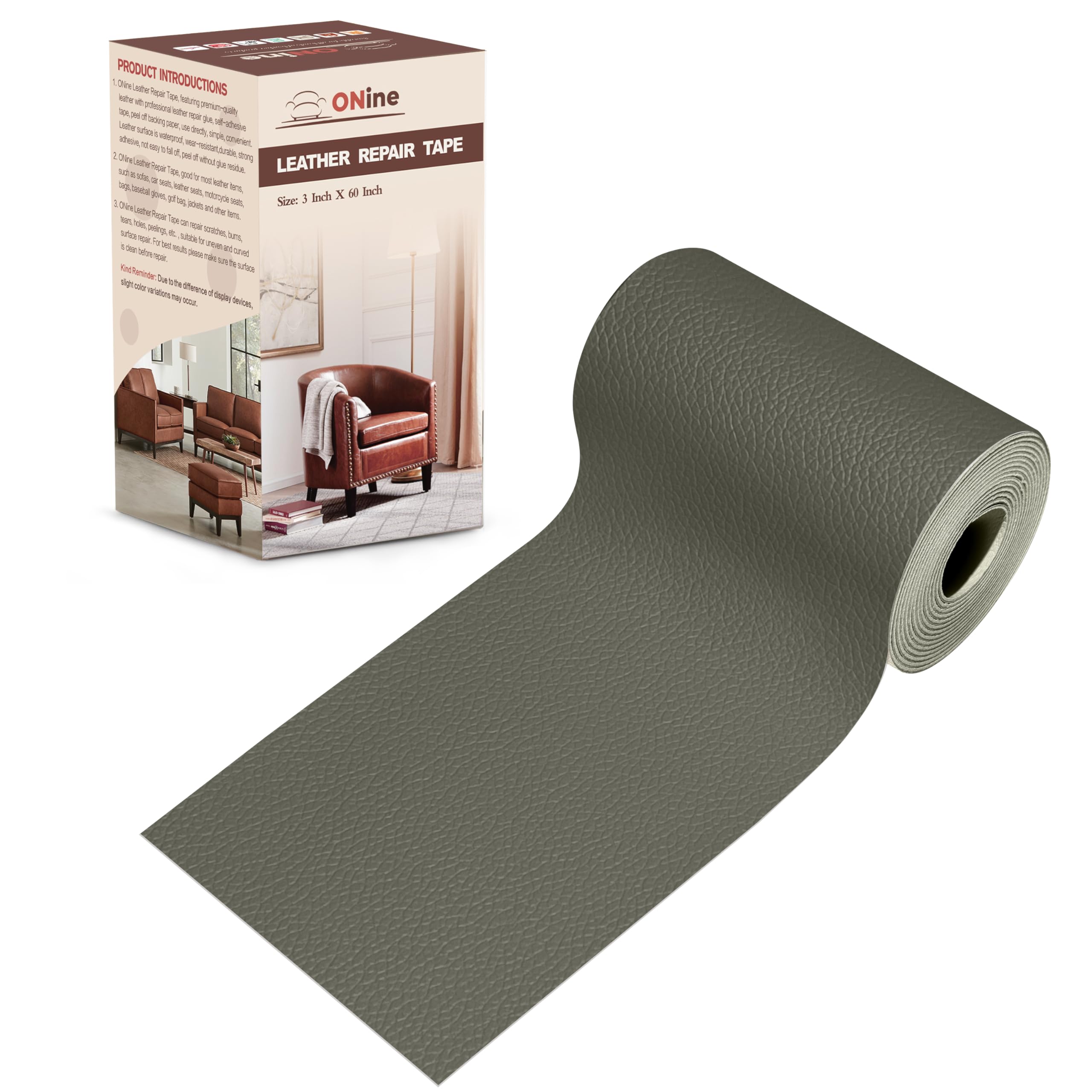 ONine Leather Repair Patch，Leather Repair Tape, 3 x 60 inches Leather Repair Patch for Furniture,Vinyl Repair kit，Leather Couch Patch，for Sofas, Furniture, car Seats(Grey-Litchi Grain)