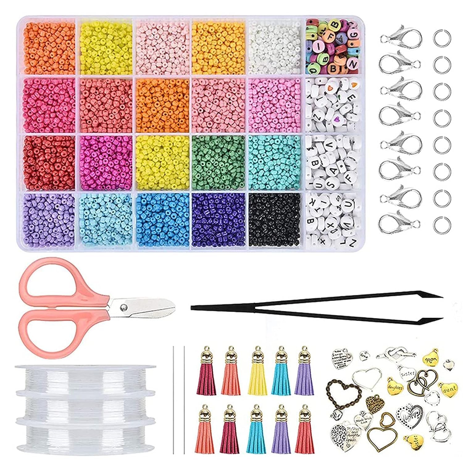 Ibama 12000Pcs Diy Handmade Beads Jewelry Making Kits With 7Mm Alphabet Letter Heart Patterns And 3Mm Colorful Rice Beads For Necklaces, Bracelets Multi Color