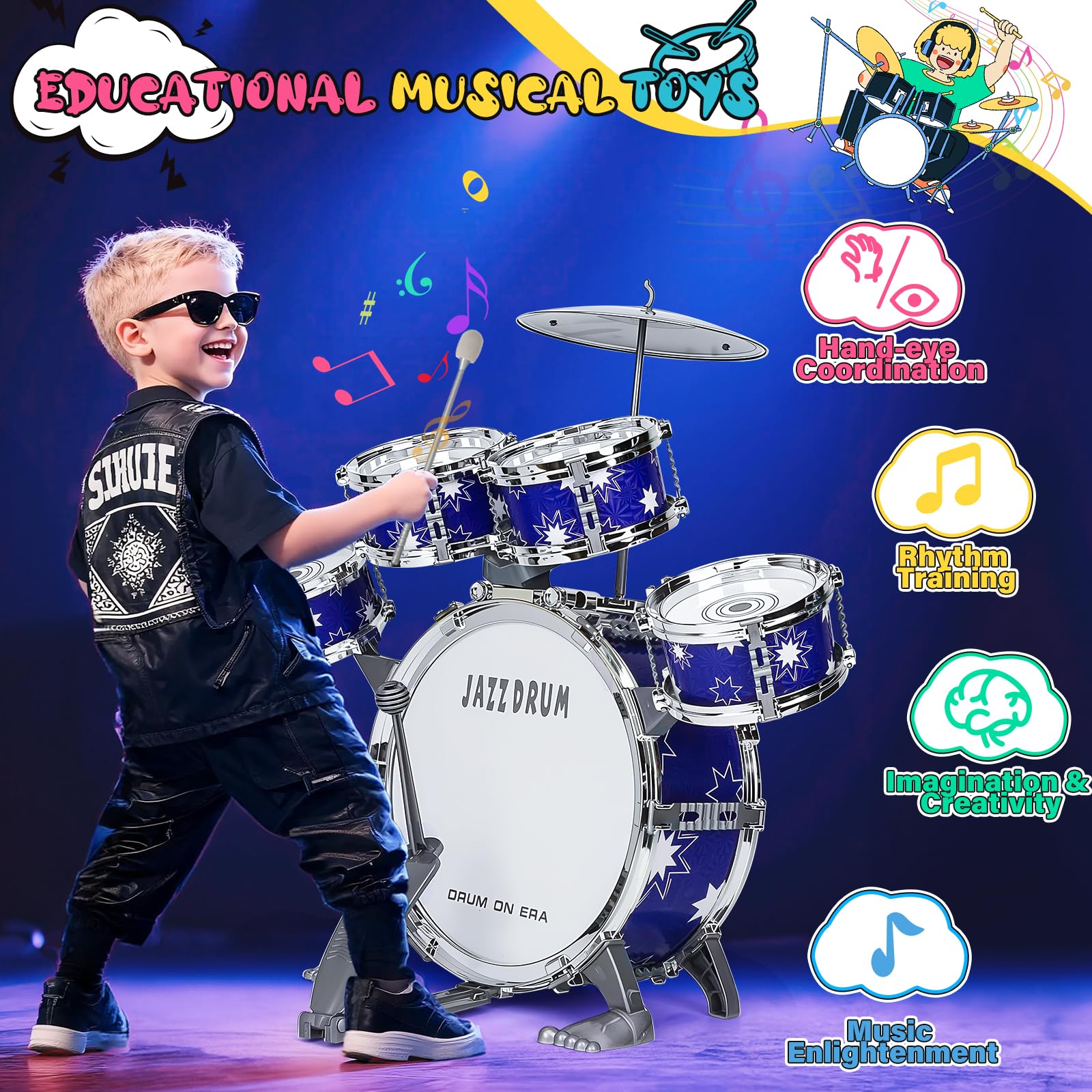 Upgrade Giocattolo Batteria Bambini 2-4 Anni Kit Batteria Jazz per Bambini con Sgabello, Giocattolo Strumento Musicale per Ragazze Ragazzi di 3 4 5 Anni Regalo