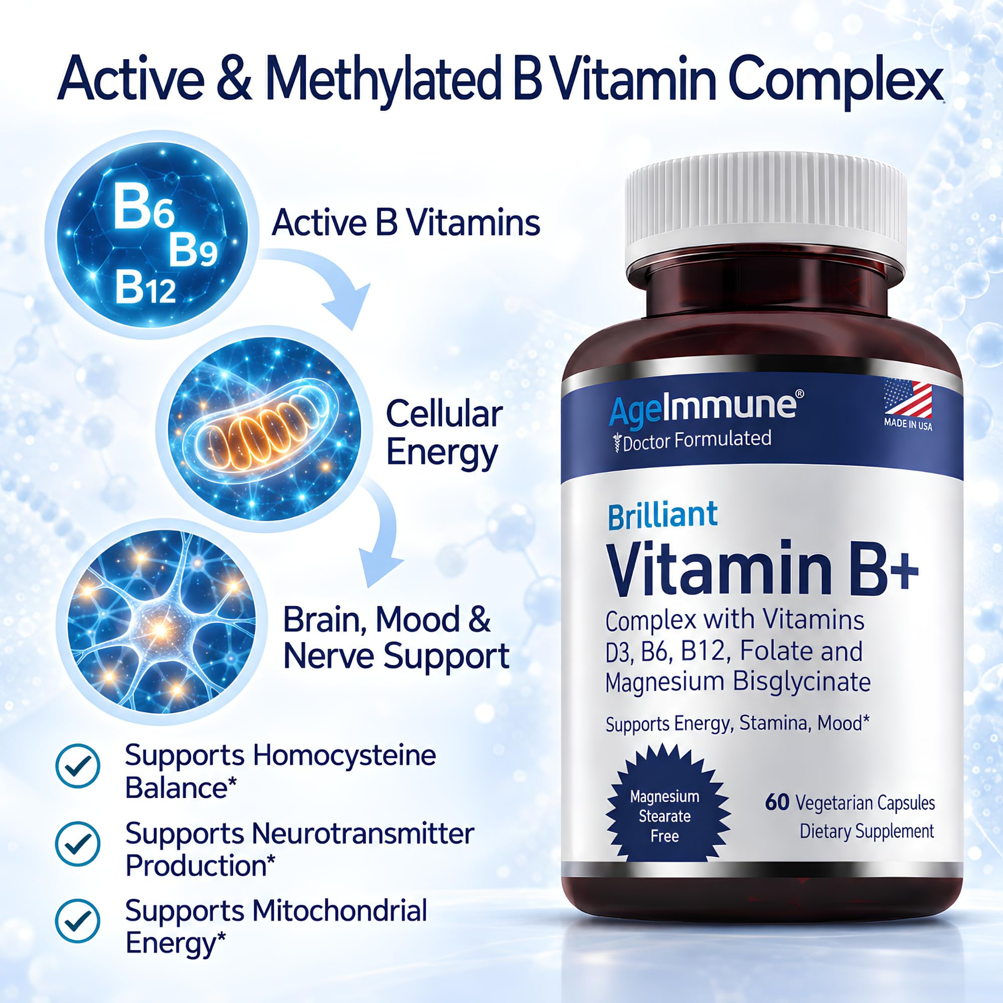 AgeImmune Vitamin B Complex with Vitamin D3 B12 B6 Magnesium Bisglycinate and Folate as Methylfolate - Doctor Formulated Methylated B Complex Supplement – 60 Capsules - Without Niacin — Amazon image 4