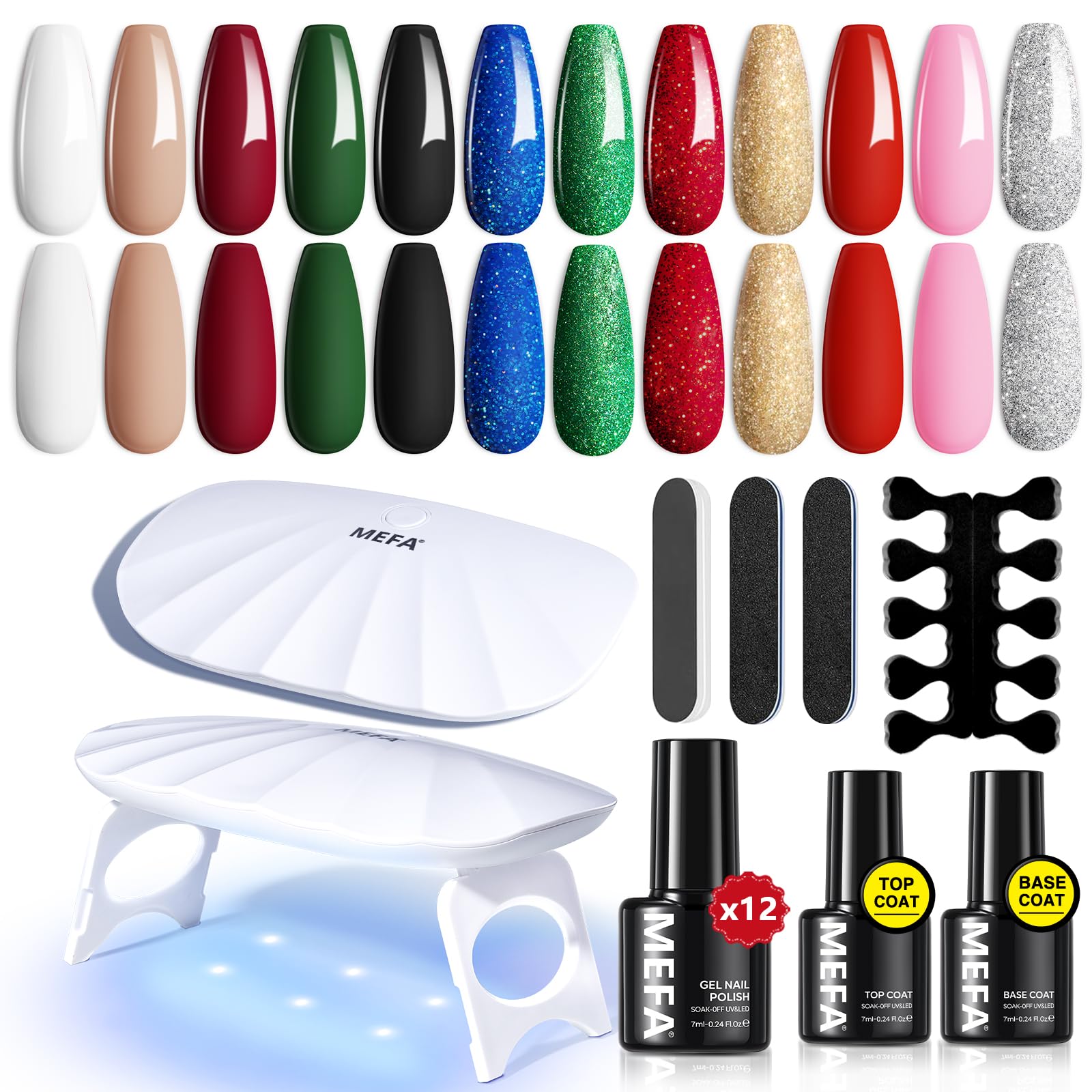 MEFA 19 Pcs Gel Nail Polish Kit with U V Light, 12 Red Christmas Colors Burgundy Red Dark Green Glitter Gel Polish Winter Silver Gold Sparkle Valentine's Day Manicure DIY Salon Decorations Gifts
