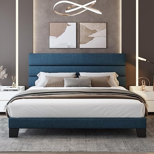 Miniatura 3 de WEEWAY Base de cama King con cabecera tapizada de tela de lino y soporte de listones de madera, base de colchón resistente, no necesita somier,