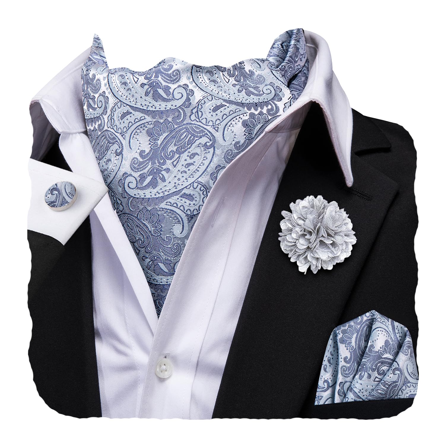 Hi-Tie Silver Ascot for Men Self Tie Silk Cravat Paisley Jacquard Ascot Ties Pocket Square Lapel Pin Set for Wedding