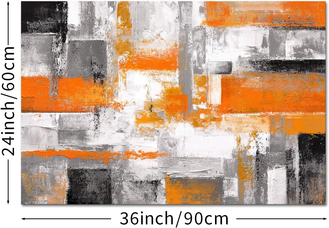 iKNOW FOTO Orange Grey Abstract Canvas Wall Art Modern Geometric Painting for Living Room Bedroom Office Framed Contemporary Textured Artwork Ready to Hang 24x36 Inch
