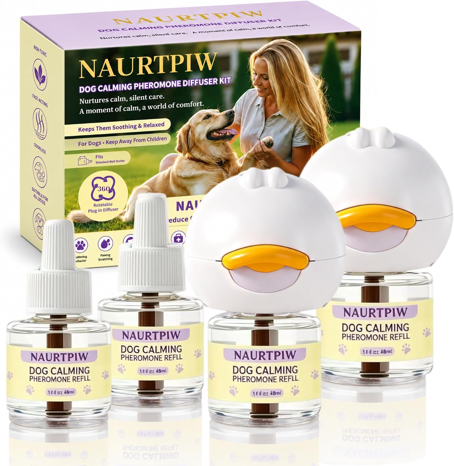 Dog Calming Diffuser Kit, 2 Plug-Ins, 4 Refills, 120-Day Supply | Odorless, drug-free dog pheromones calming diffuser support for barking, separation stress, loud noises and dog pee stopper