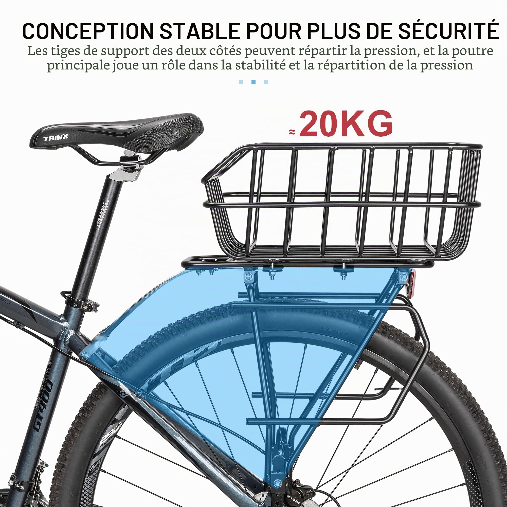 CXWXC Porte-bagages de vélo avec arrière - Panier de vélo amovible et réflecteur pour pneus de 26 à 29" - Porte-bagages arrière pour VTT et vélos de route jusqu'à 27 kg