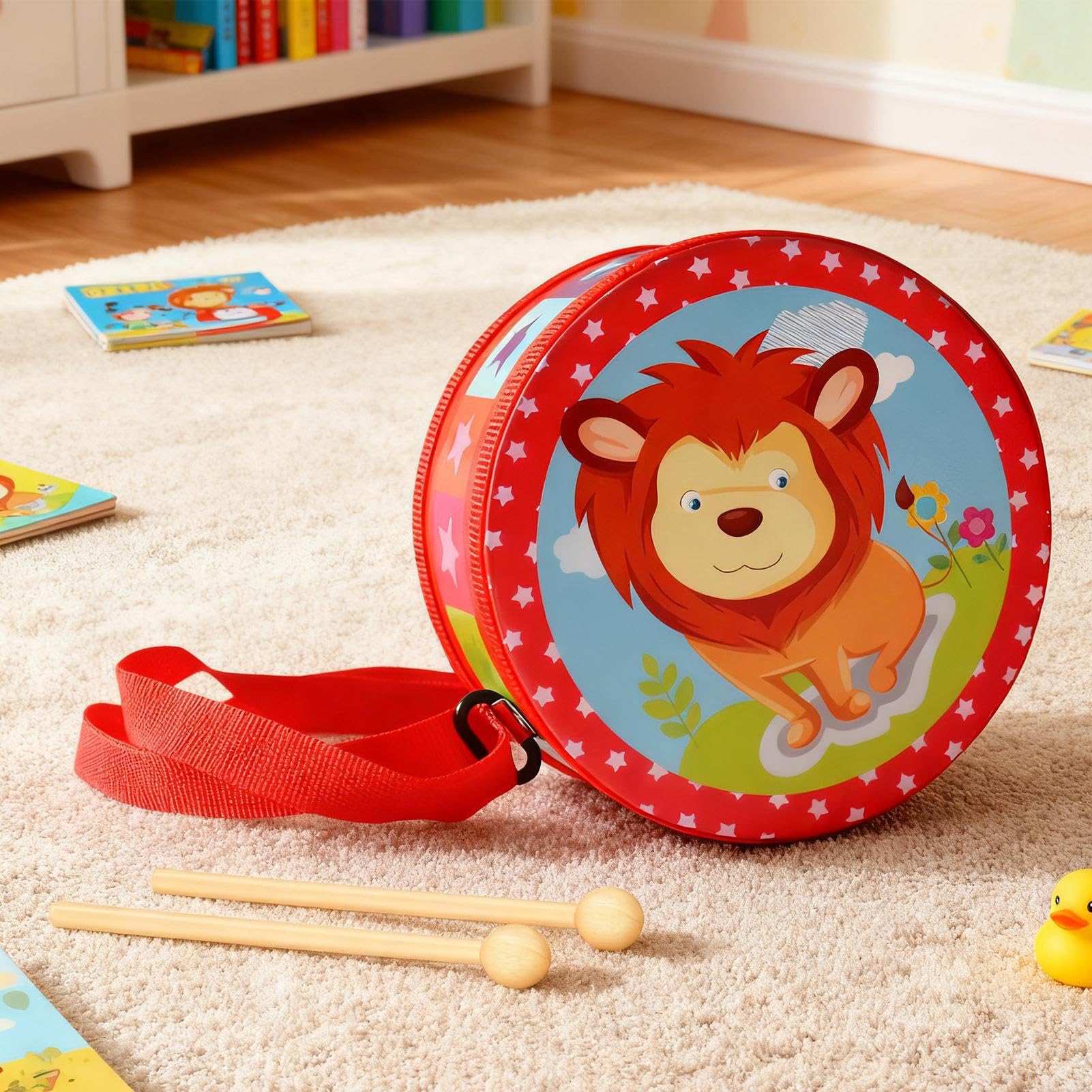 Tambor para niños, instrumento musical de madera con correa y palos, 15 cm, juego de tambor de madera, juguete ideal para niños a partir de 3 años, campana, bebés, aprendizaje educativo — view 8