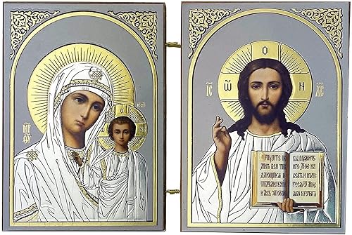 Miniatura 2 de Needzo Cristo el Maestro y Virgen María de Kazán Icono Díptico Idioma Católico Ortodoxo Iconos Cristianos 5 14 Pulgadas, Lámina de Oro Plata
