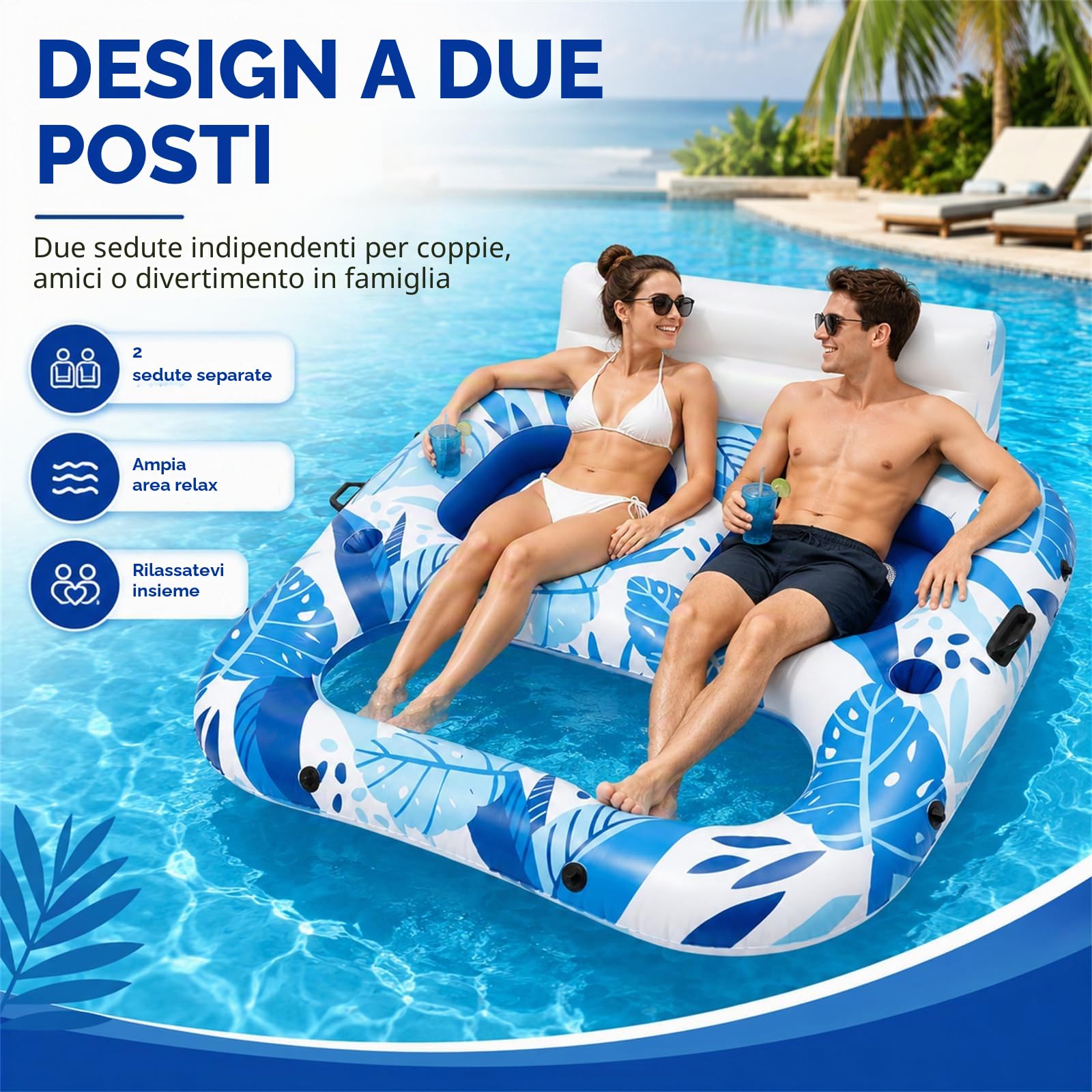 Poltrona gonfiabile per 2 persone con ampio schienale | Isola galleggiante, materassino ad aria, portabibite, maniglia, per spiaggia e piscina, per adulti