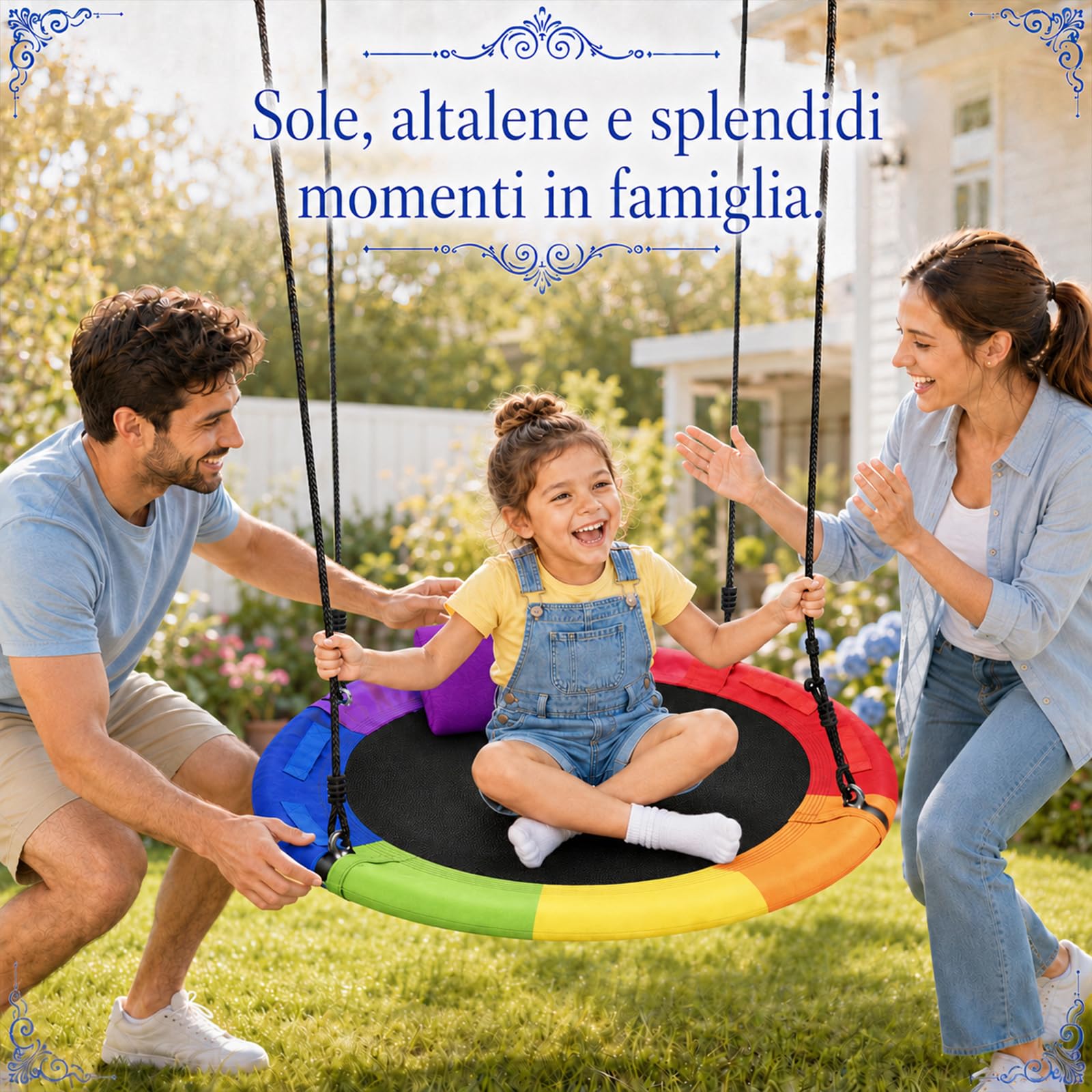 Altalena a Nido Esterno 100 cm, Portata Fino a 300 kg (Rosso) | Ghirlanda Luminosa, Cuscino, Ruotabile a 360° e Kit di Montaggio per Bambini e Adulti