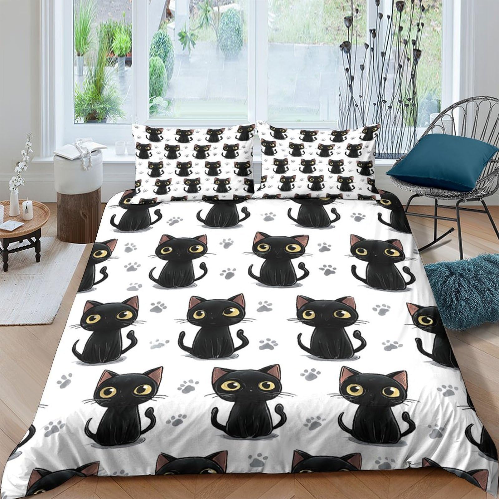 Ctjqhvkz Style-6 3D Printed Black Cat Pattern Fitted Sheet Microfiber Soft Bedroom Decor Cartoon Kitten Bed Cover Machine Washable Single（135X200cm）
