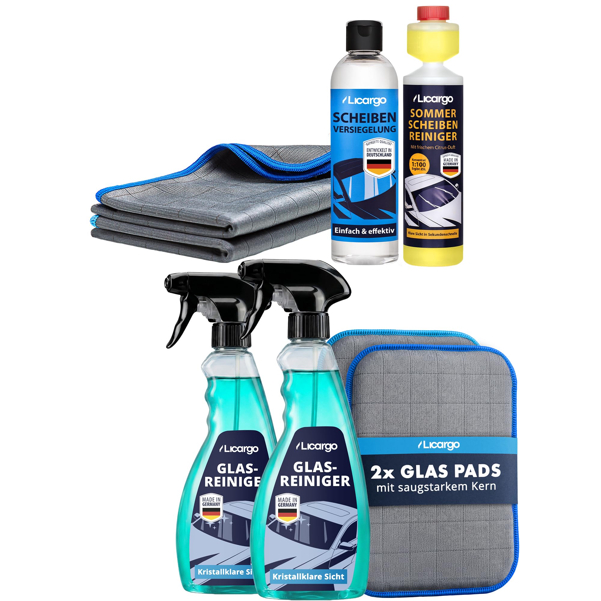 LICARGO Scheiben Set Pro Pads - 2x Glasreiniger Auto (750ml) - 1x Scheibenversiegelung Auto (250ml) - Scheibenreiniger Konzentrat 1:100 (250 ml) - 2x Glas & Scheiben Pads & Carbontücher