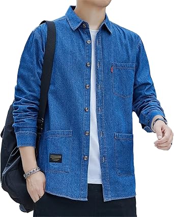 DGHM-JLMY Mens Jean Long Sleeve Cargo Heavyweight Shirts Fit Button Pockets Thin Denim Coats Casual Washed Denim Lapel Shirt