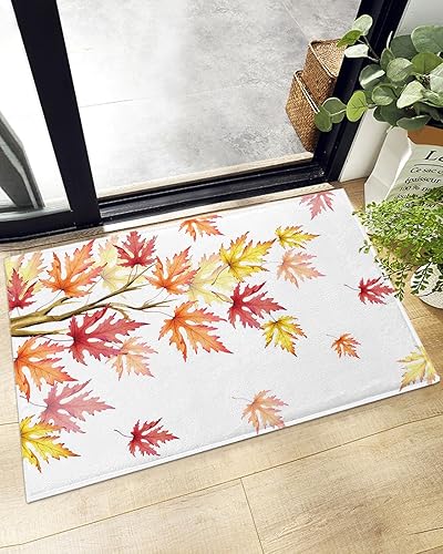 Autumn Maple Leaf Bathroom Shag Doormat Retro Watercolor Leaves Plant Water Absorbent Bath Rug Floor Mat Washable Fluffy Plush Indoor Area Rugs Cozy
