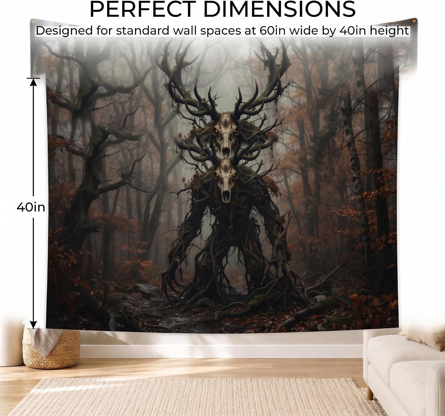 CHASTAR Dark Fantasy Horned Skull Forest Tapestry Wall Hanging 60x40 Inches image 3