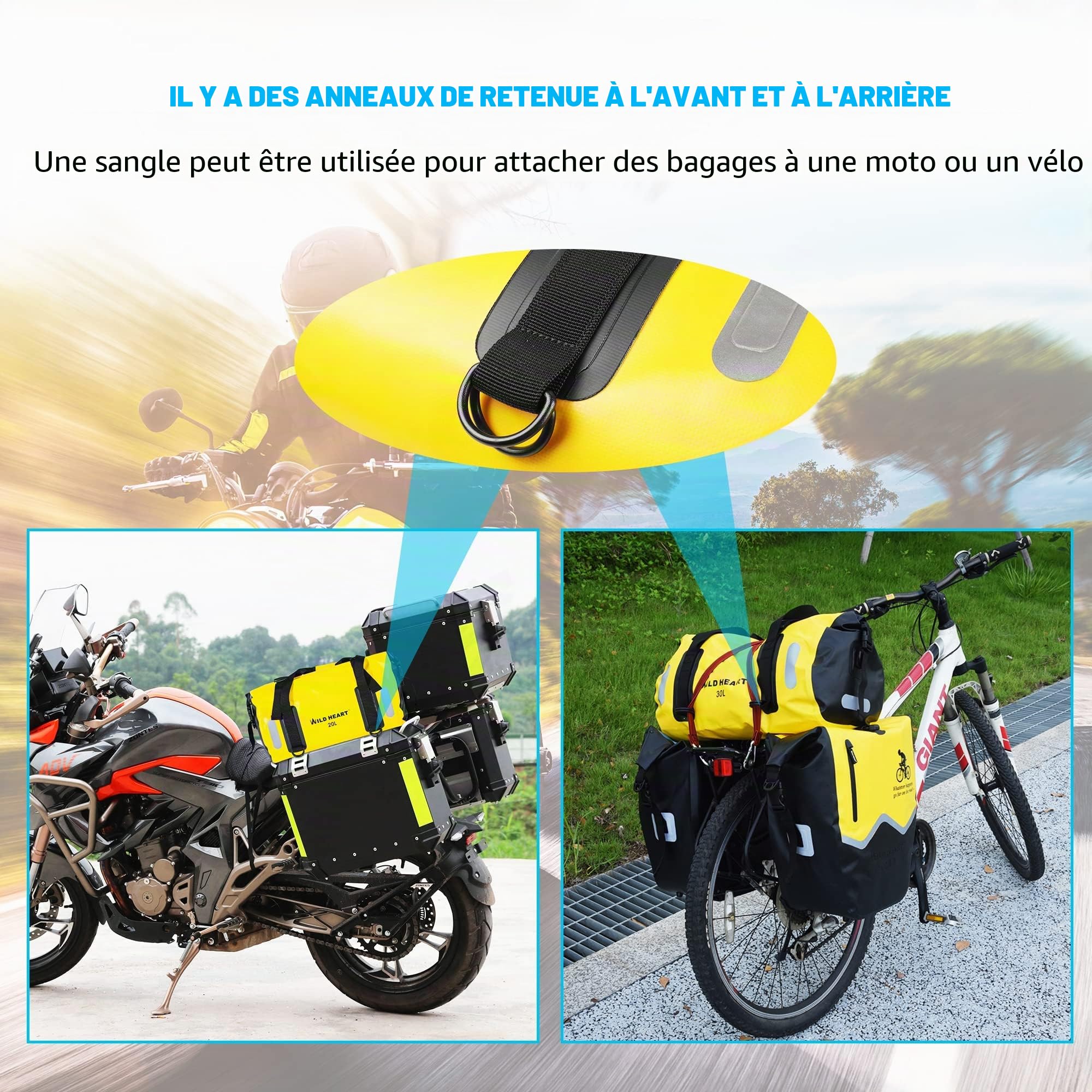 WILD HEART Sac de Voyage étanche 20L 30L 40L avec Coutures soudées Bretelles, Poche en Filet pour Kayak, Camping, Navigation de Plaisance, vélo, Moto…