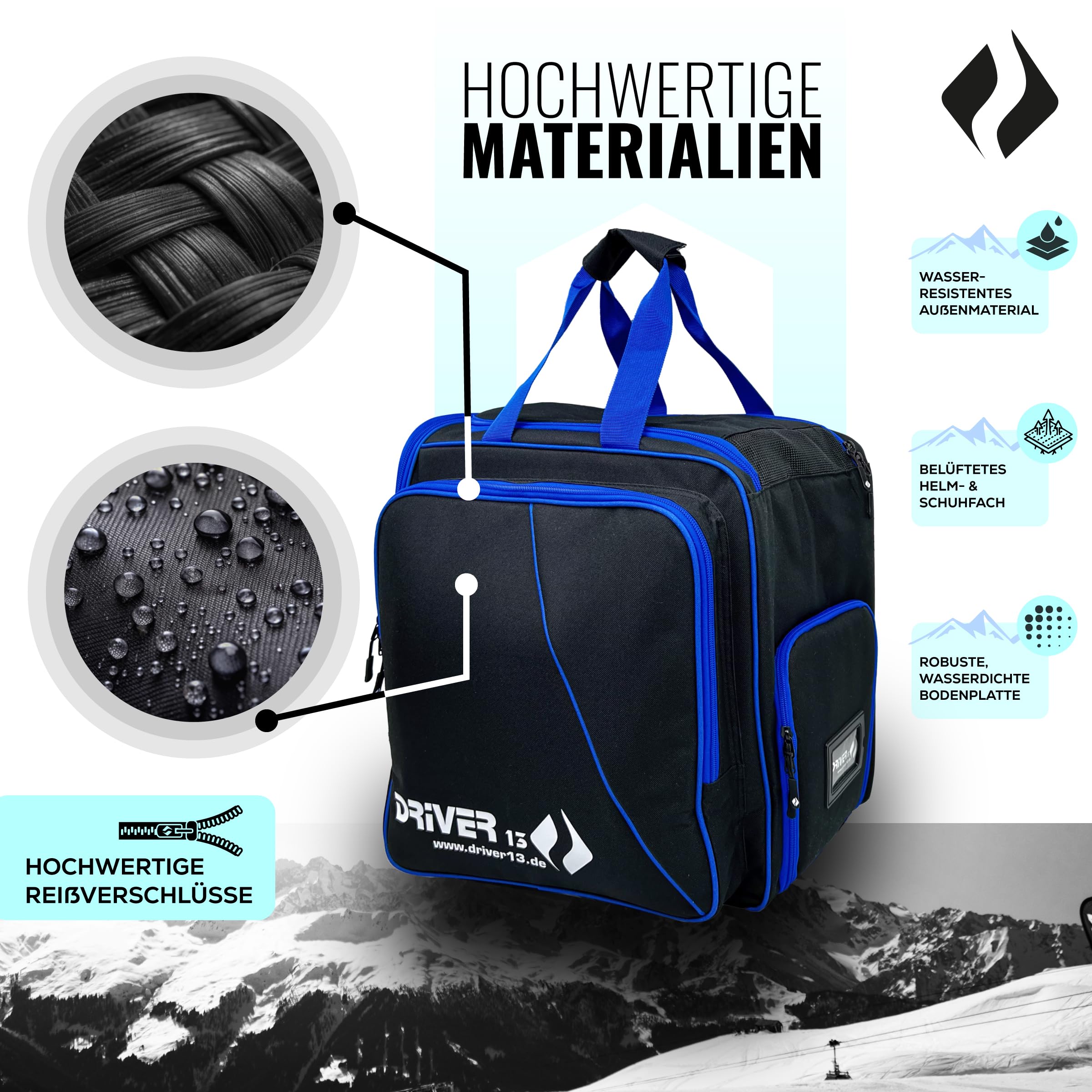 Driver13 ® Mochila para Botas de esquí con Compartimento para Casco + Mochila para Botas de esquí con Compartimento para Casco Duro + Botas de Snowboard + Bolsa para Botas Negro-Azul