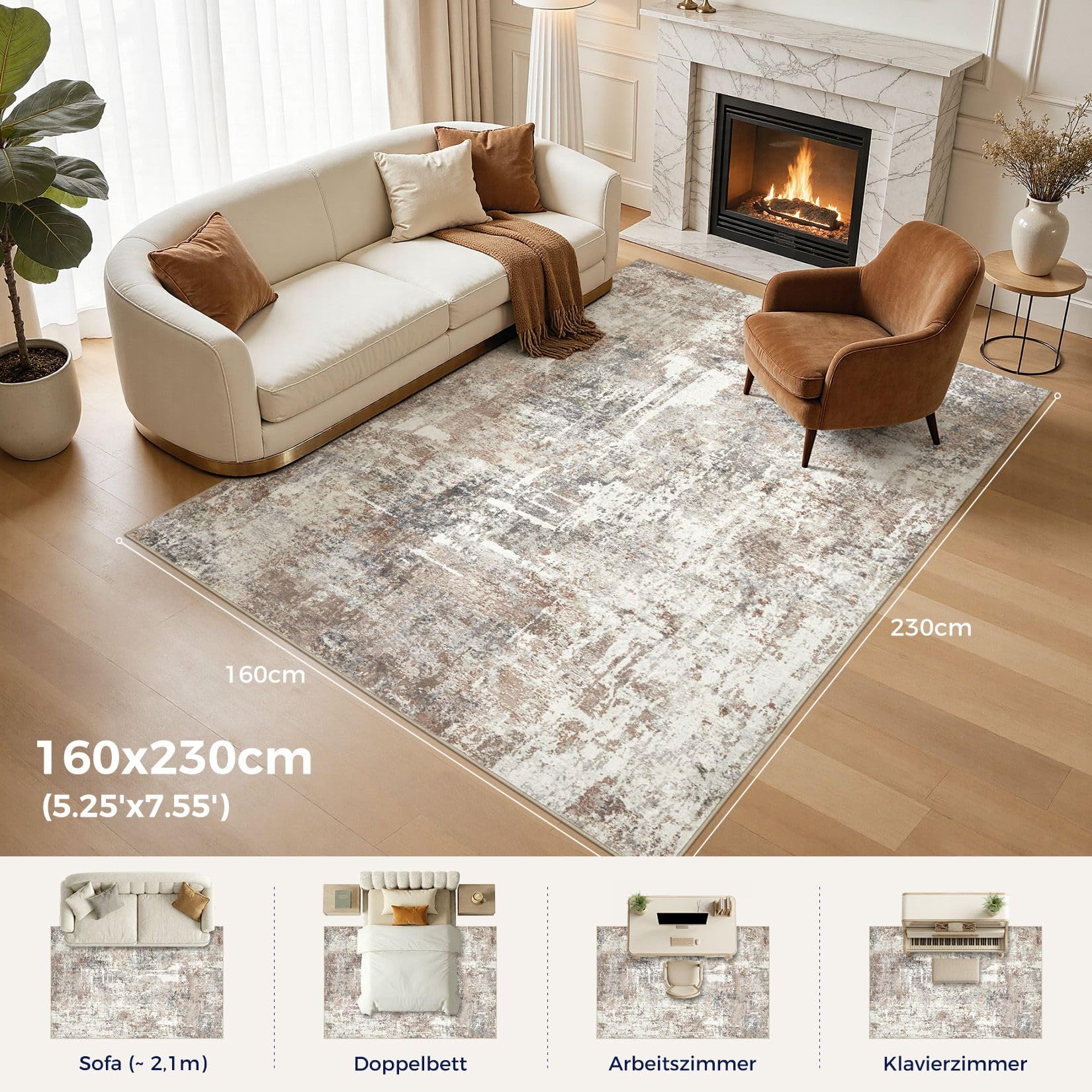 DMOYEST Teppich Wohnzimmer 160x230cm Abstrakt Grau Braun Modern Waschbar | Rutschfest und Weich, Kurzflor für Schlafzimmer Kinderzimmer Büro, Haustierfreundlich, Saugrobotergeeignet