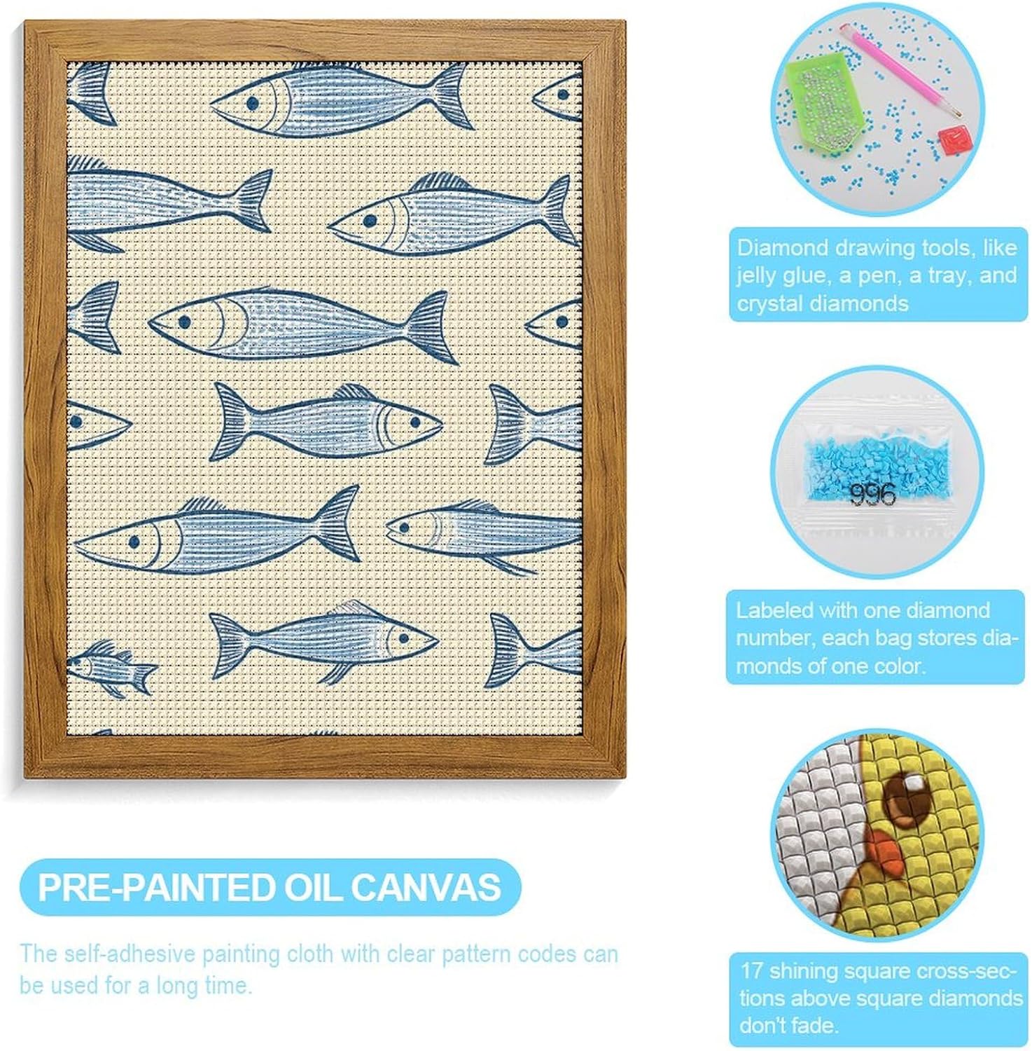 Sardine Fish Diamond 5D Painting Kits with Frame DIY Full Round Drill Gem Art Crafts for Home Wall Decor 16 X 20in Yellow Wood 40 * 50cm