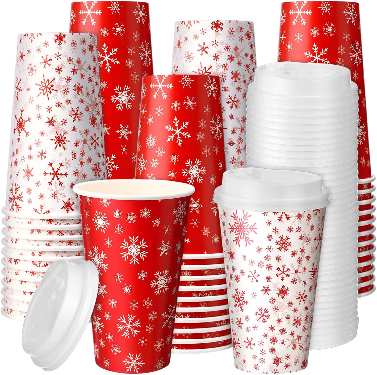 Jingmore Christmas Snowflakes Party Paper Cups with Lids Xmas Disposable Sowflakes Coffee Cups for Christmas Holiday Party Travel Restaurant Coffee Cold Hot Drinks(60 Pcs,16 oz)