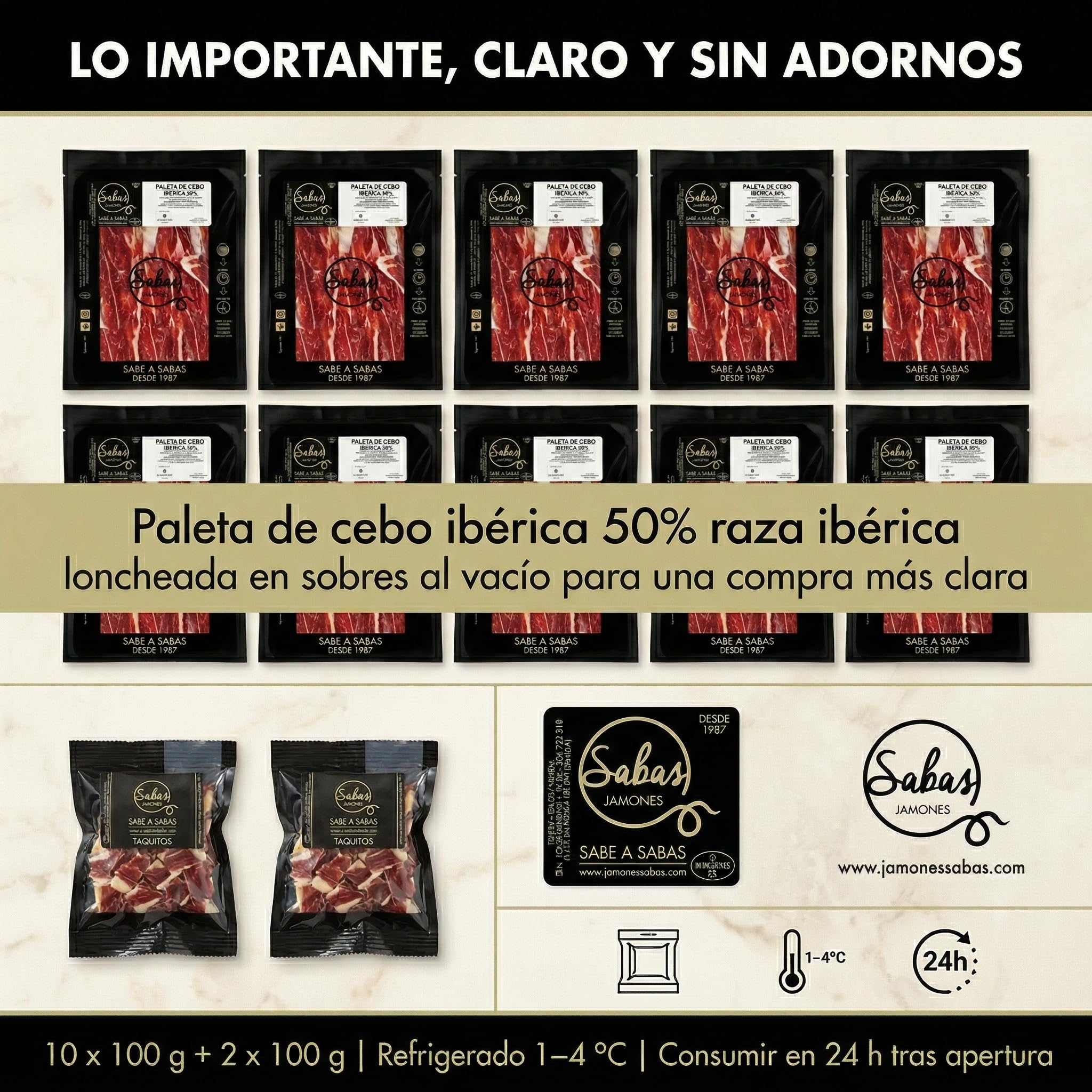 Paleta Iberica Cebo 50% Loncheada a Cuchillo 10 Sobres de 100 g Maletin | Incluye 2 taquitos, 1,2 kg totales, curacion 22 meses, envasado al vacio, sin gluten; aperitivo y tapas