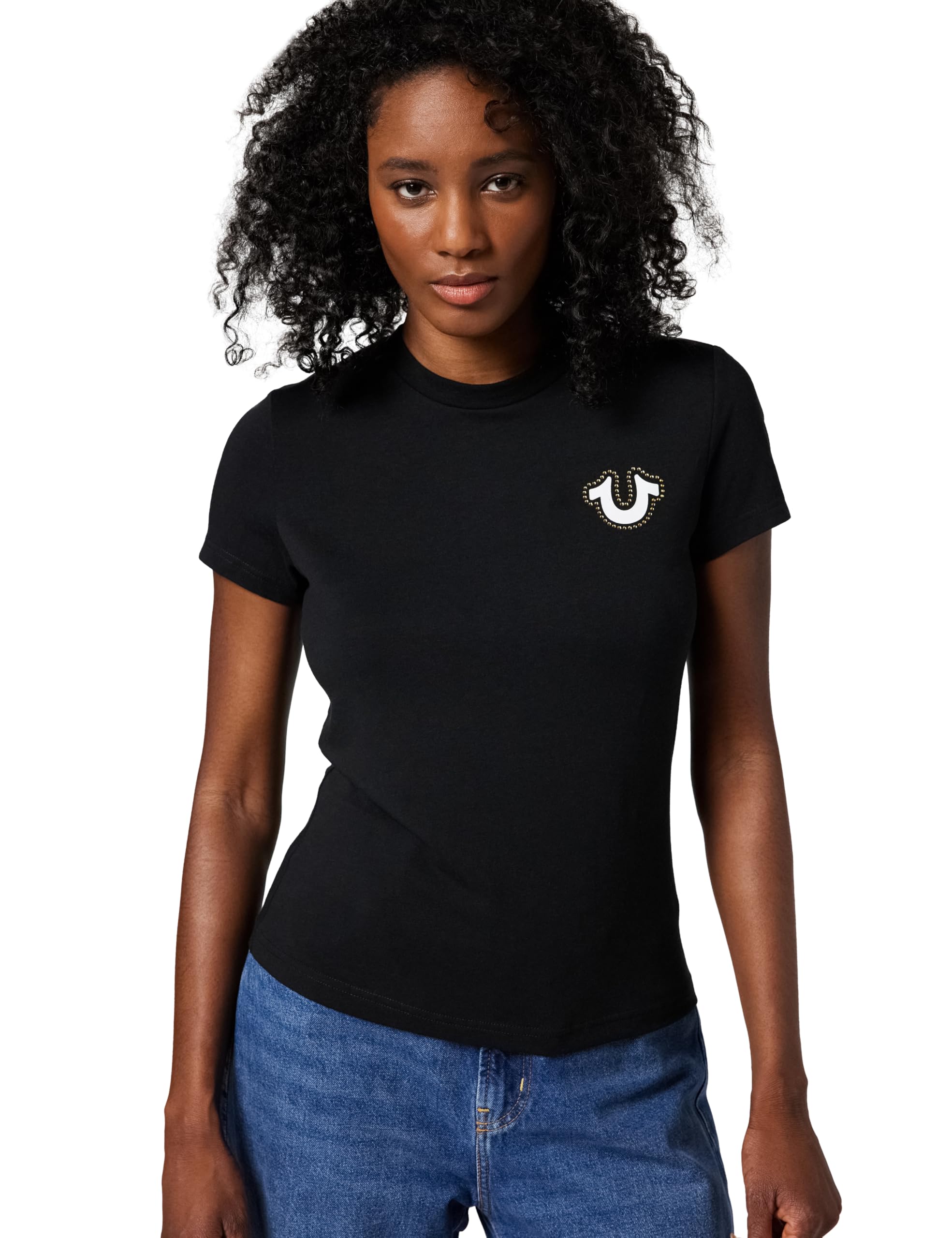 True Religion Women's Buddha Face Short Sleeve Crew Tee, Black, XS