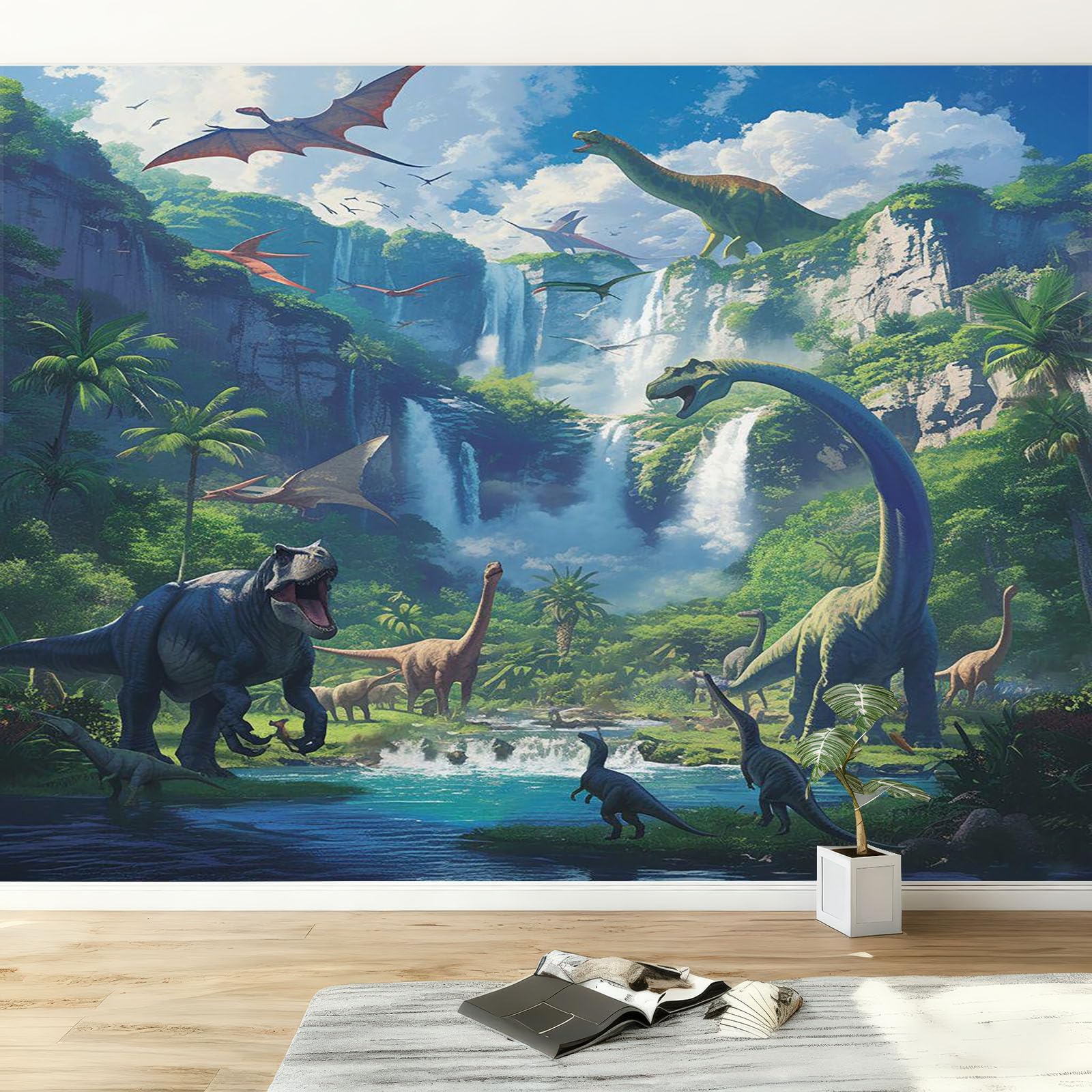 Tapete Fototapete 3d Effekt Dinosaurier Mit Tiermotiv Wandbild Wanddeko für Wohnzimmer Schlafzimmer, GrüN Vlies Tapeten mit Geruchsfreiheit Wandposter Wandkunst, 350x256cm