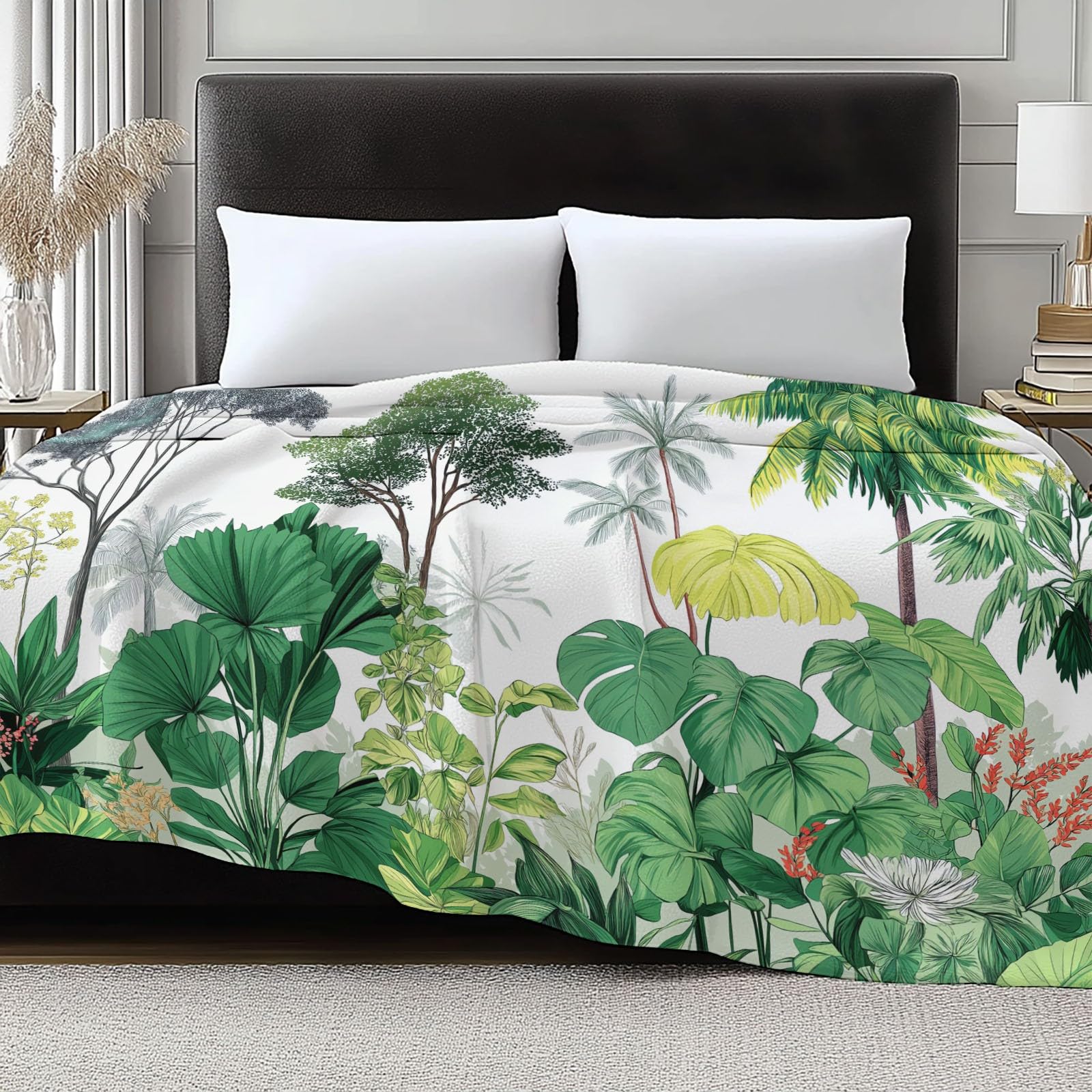 Coperta Plaid Pile in Flanella 180x220 cm Coperta Pile Piccola Giungla Piante Tropicale, Morbida Soffice Calda Coperte per Divano Singolo Matrimoniale Letto Verde