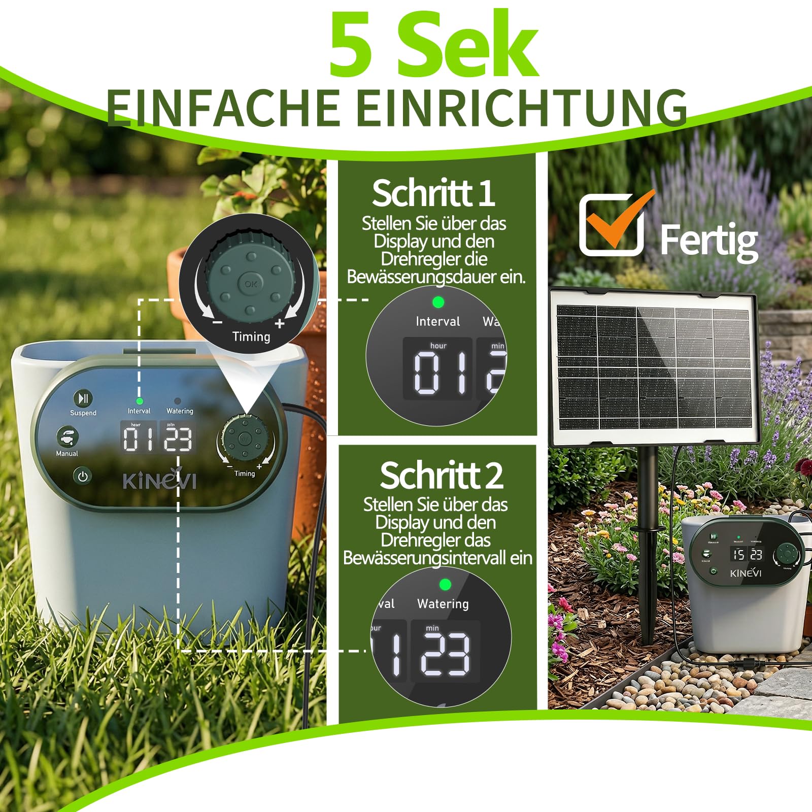 Solar Bewässerungssystem, Garten Automatisches Bewässerungs mit 22 Modi Timer, 15M Schlauch & 15 Tropfstrahler, Tropfbewässerung Set für Balkon, Hochbeet, Gewächshaus & Outdoor Topfpflanzen (3W)