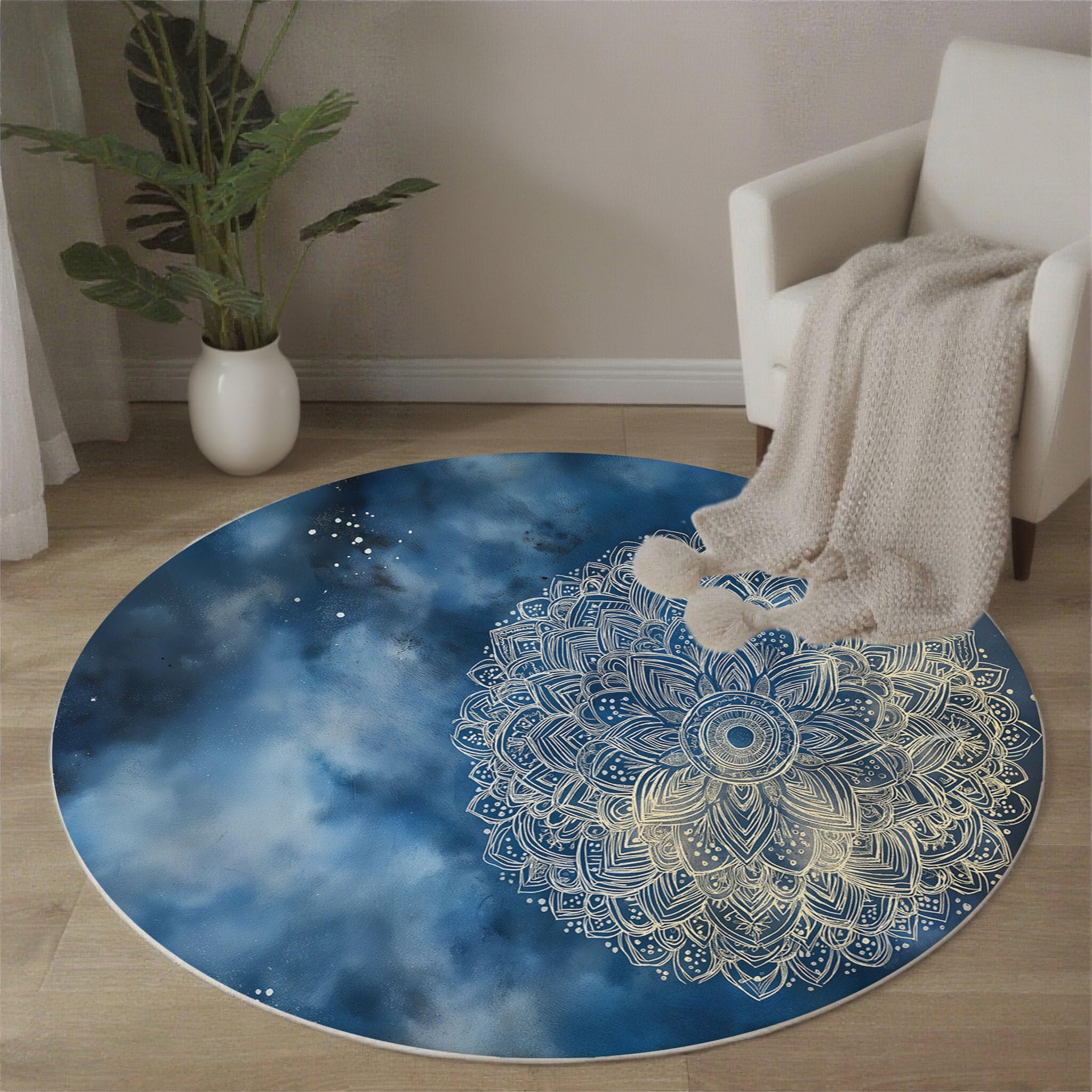 Tappeto Rotondo Salotto Tema Di Meditazione Tappetini Antiscivolo Tappeto Mandala Del Cielo Stellato Tappetini Pelo Corto per Bambini Cameretta Cucina Casa Zona Balcone Tavolino, 140 cm, Blu Scuro