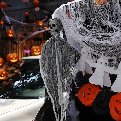 Miniatura 6 de Leyndo Kit de 117 piezas de decoración de Halloween para tronco o automóvil con fantasma de esqueleto colgante, fantasma de tela, guirnaldas de