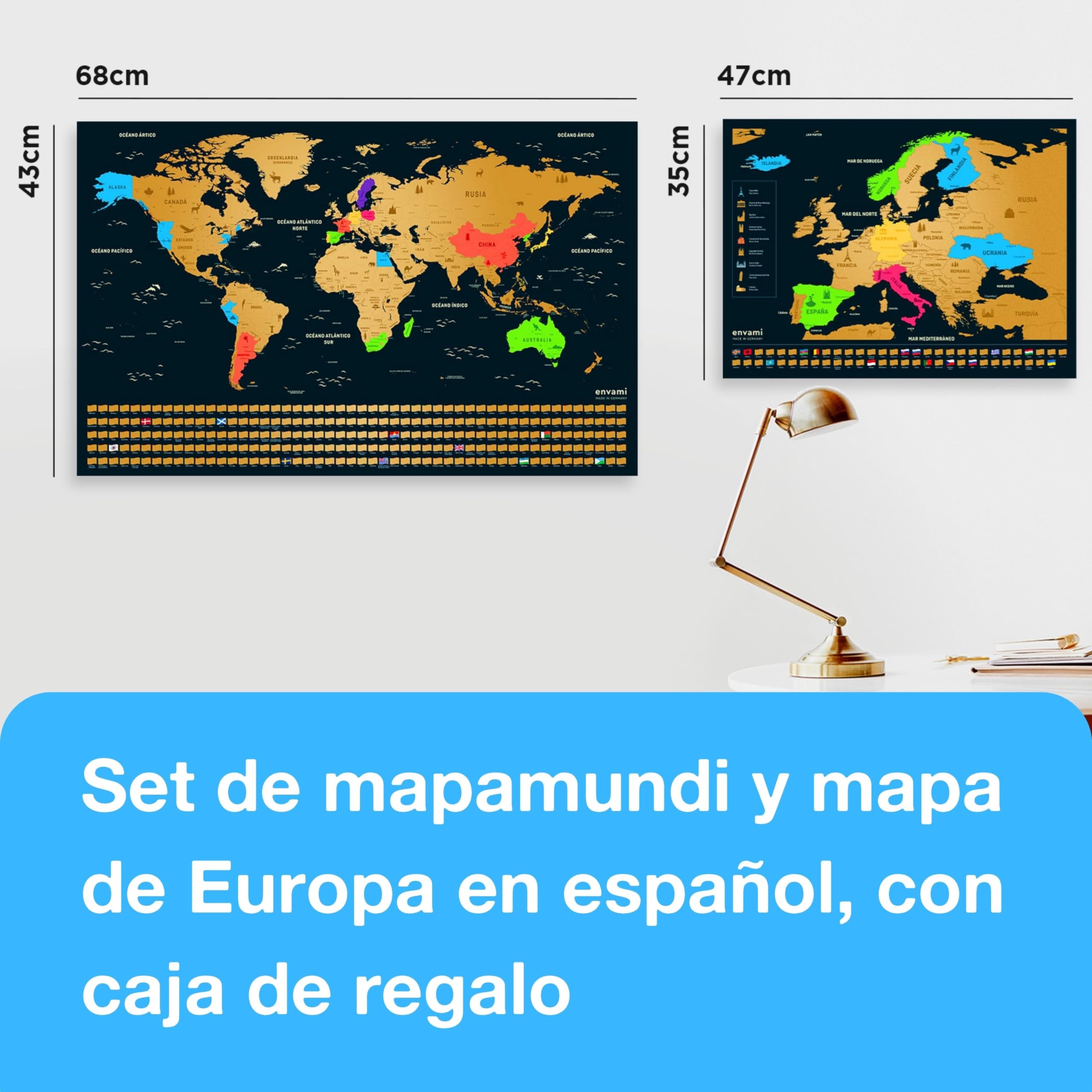 Mapa Mundi Rascar - Español - Más el mapa de Europa - Mapas del Mundo para Marcar Viajes - 68 X 43 CM - Plata - Scratch Off Travel Map