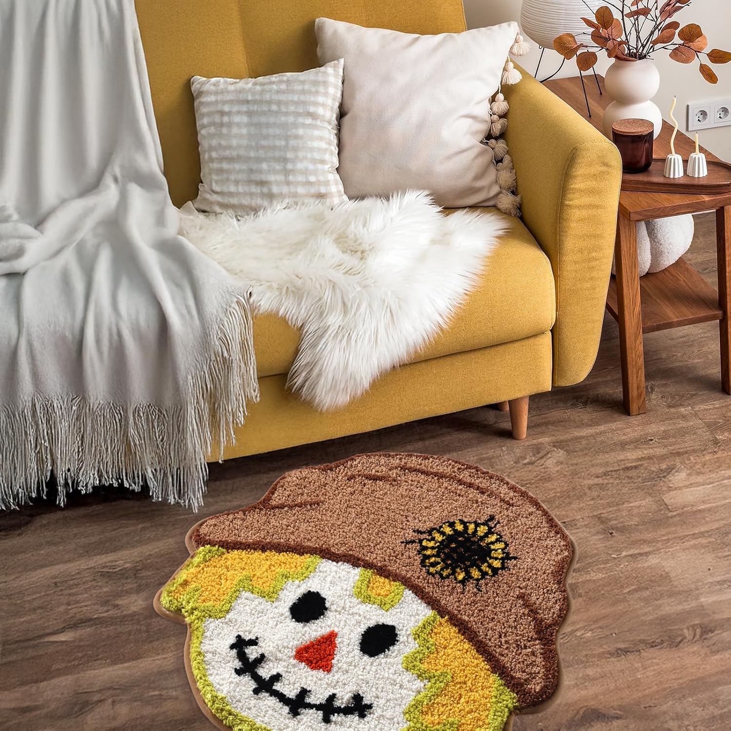 Moutina Fall Scarecrow Bath Mat 24x24 Inch, Soft and Absorbent Tufted Fall Bathroom Rug Non Slip Washable, Autumn Thanksgiving Halloween Bathroom Decor Rug Holiday Decorations