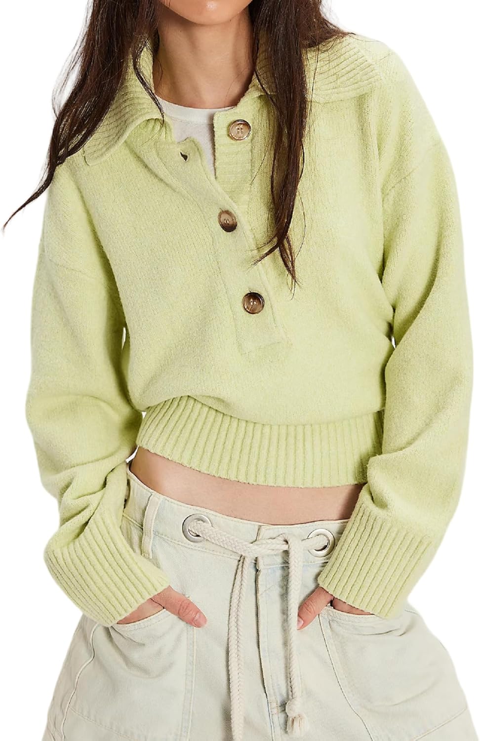 Women Cropped Polo Sweater Long Sleeve Oversized Collared Pullover Casual Lapel V Neck Knitted Jumper Tops