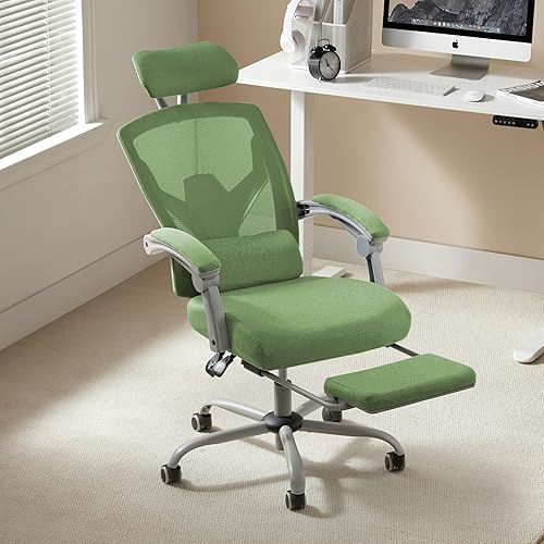 Miniatura 5 de Silla de oficina ergonómica de malla con almohada de apoyo lumbar y reposapiés retráctil, diseño de respaldo alto transpirable, silla reclinable