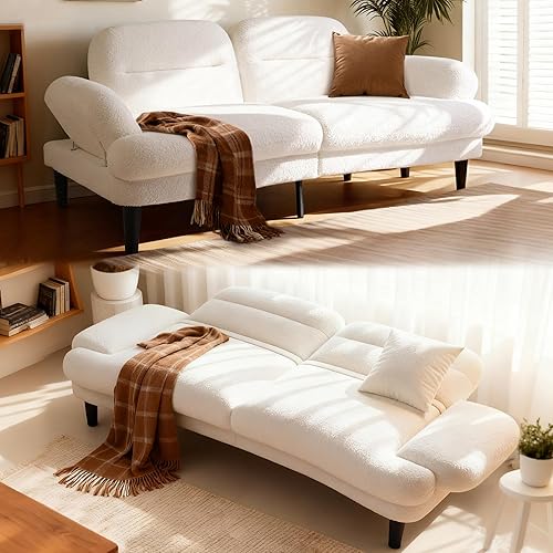 79” Futon Sofa Bed, Sleeper Sofa, Convertible Sofa Bed with Adjustable Backrest and Armrests, Faux Sherpa Cloud Loveseat, Convertible Recliner Sleeper Sofa for Living Room, Bedroom, Apartment, Beige