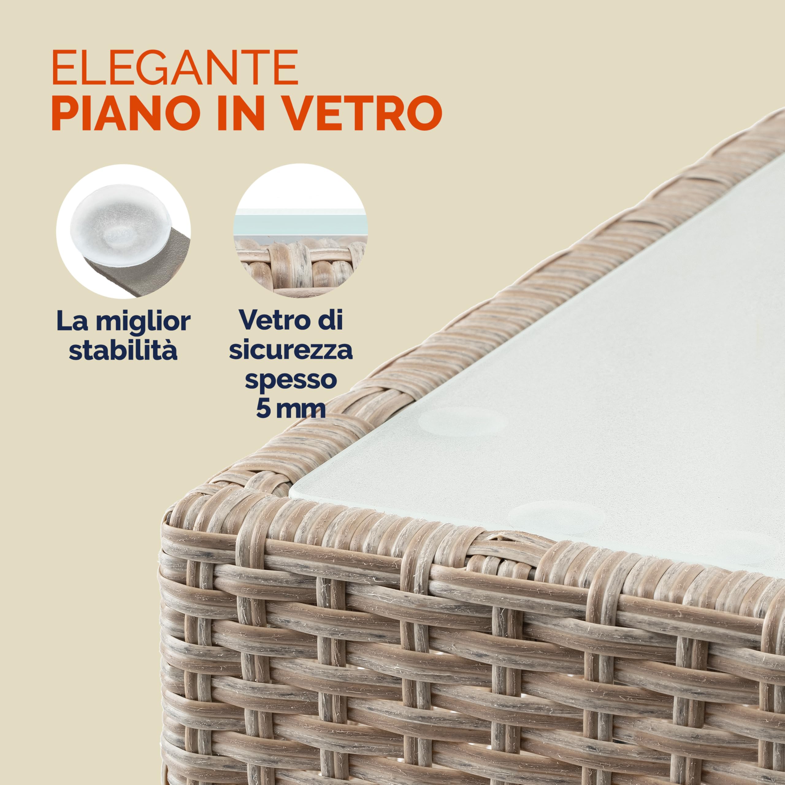 Casaria Tavolino da Giardino Esterno in Polyrattan 58x58x42cm Tavolo Basso da Caffè Quadrato Vetro