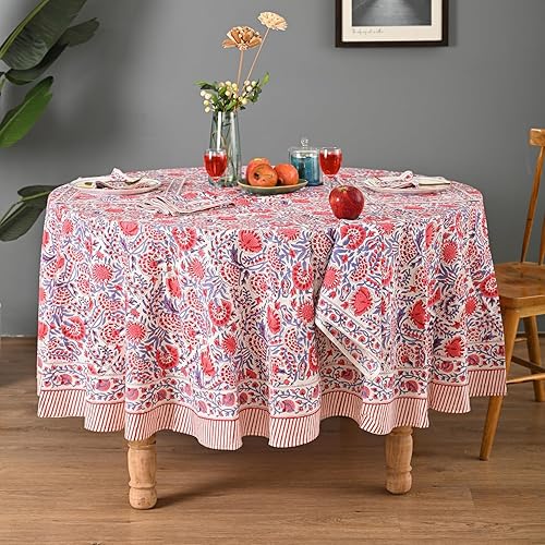 Miniatura 63 de Hand Block Printed Cotton Tablecloth – Elegant Floral Design Perfect for Dining Table Kitchen Parties Home Decor, Wall Tapestry (Peach Floral, 6
