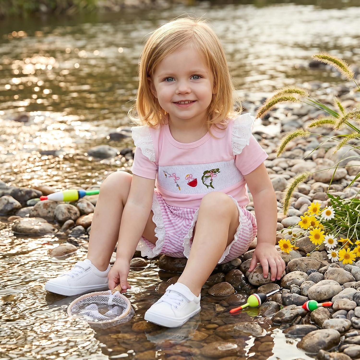 Toddler Baby Girl Outfit Fishing Theme Embroidery Short Sleeve Smocked Tops Stripe Lace Trim Shorts Set Summer Clothes